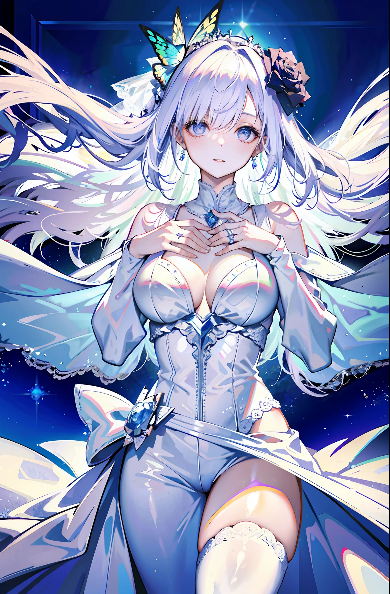 silber hair,butterflys,long whitr hair,white wedding gown,8k wallpaper,detailedbackground,Highest high resolution,deep v big breasts,Hair covers one eye,Bandeau wedding dress,chies,White rose,tight-fitting,chies,In the daytime,