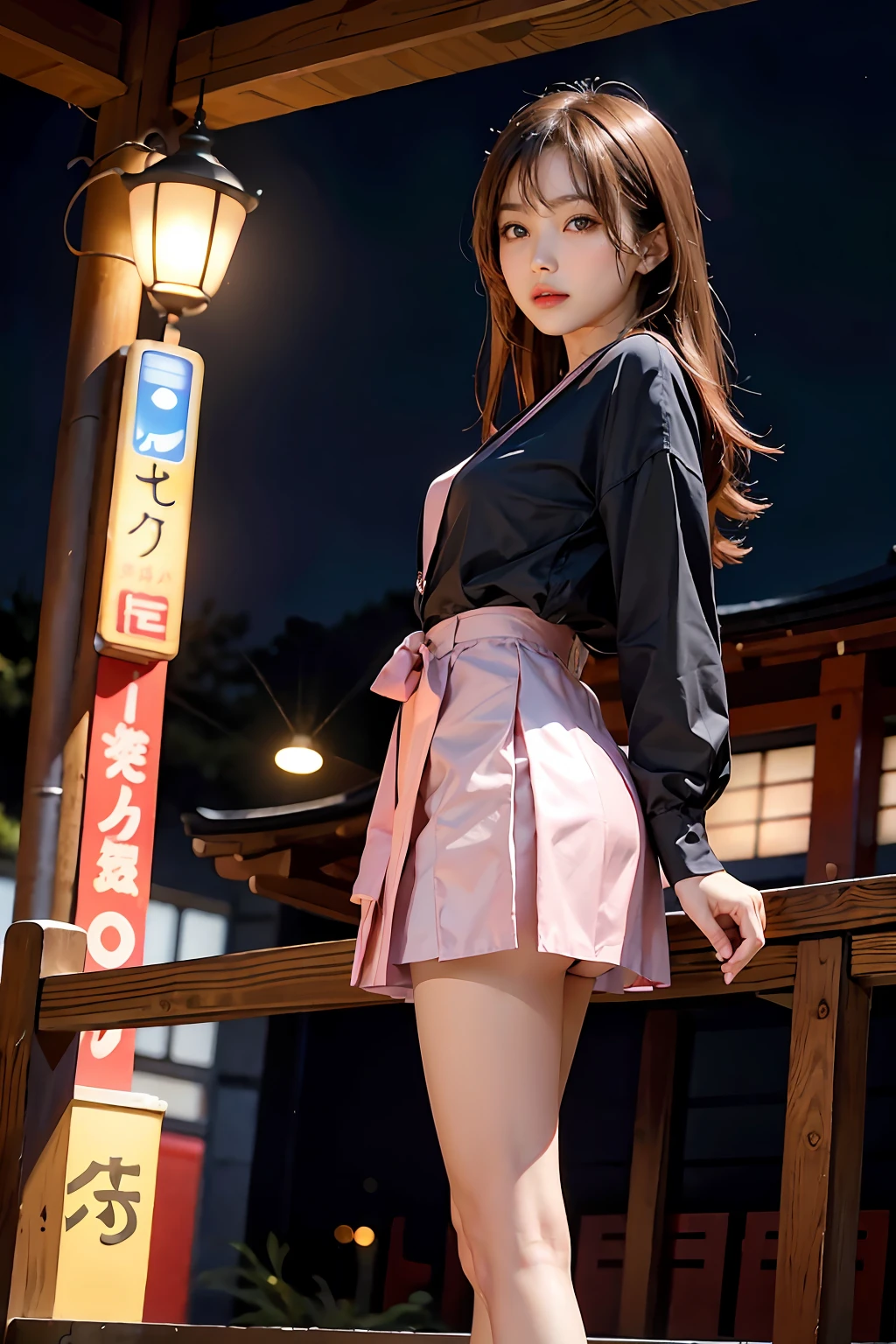 master-piece, best picture quality, A beautiful girl., detailed eyes, puffy eyes, brunette hair, long-haired, Fair-skinned, kawaii, Cute legs, short skirt, Stand with legs apart., Raise the bulge., Unfolded in pink, Cat panty details, Japanese woman, Asian Beauty, moon light, Strong eyes, Professional lighting, bright lighting, 二重まぶた, slim, Japanese woman, Asian Beauty,Tokyo Road Background