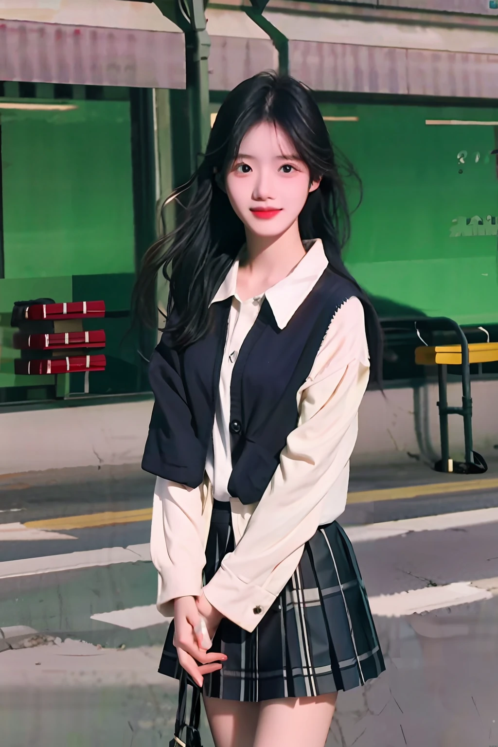 35 focal length,natta,jk,schoolgirls,Place your hands on your chest,Long black hair,in a panoramic view,short skirt,Real Human,Highly detailed facial and skin texture,Volumetriclighting,photographrealistic,with light glowing,Step on the ground with both feet,4k,(真实感:1.4)