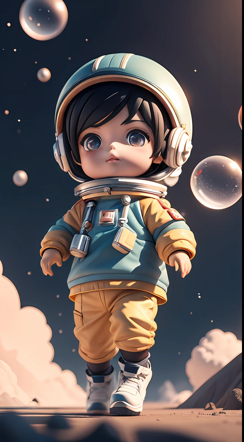 Small doll toy with helmet bubbles,3Drenderingof,Handsome detailed digital art,Male explorer mini cool boy,Handsome digital painting,Stylized 3D rendering,number art,Render 3D anime shonen,The little astronaut looked up,Black hair!C4D,Portrait anime space cadet boy,Walking in space。