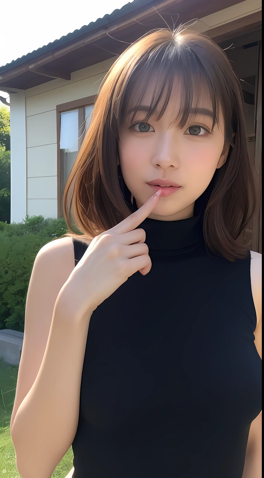 (Realistic lighting、top-quality、8K、masterpiece:1.3))、 With a Female Friend)(2 females)Focus:1.2、1girl in、perfectbodybeauty:1.4、Slim abs:1.1、((dark brown hair))、(White turtleneck、sleeveless)、(outside of house、natta:1.1)、、二重まぶた、Super beautiful photo、(With a Female Friend)(2 females)、Real Japan People、Super Cute、Super cute