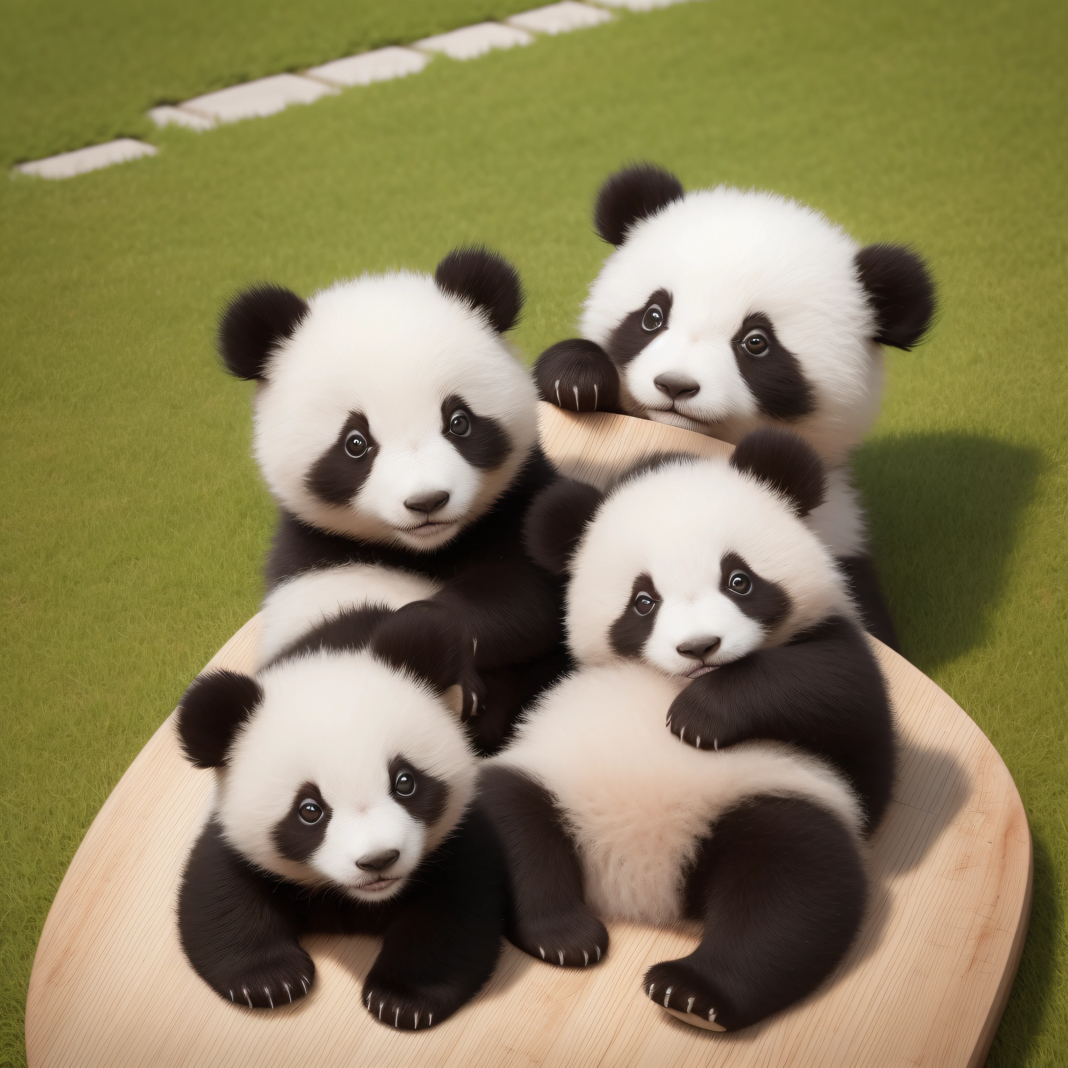 8K, masterpiece, best quality, photo realistic, ultra-detailed, very cute baby pandas resting on wooden playground on grass