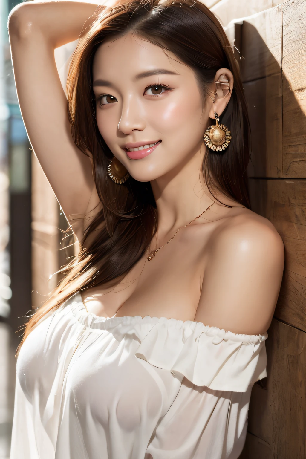 (masterpiece:1.3), high resolution, ultra detailed, extremely detailed CG unity 8k wallpaper, realistic, photo-realistic, RAW photo, beautiful detailed face, pale skin, realistic glistening skin, detailed cloth texture, detailed hair texture, Perfect Style, Beautiful Face, accurate, Anatomically correct, Highly detailed face and skin texture, natural neck length, (thin and beautiful fingers),
BREAK,
Detailed eyes, symmetric eyes, Brown eyes, Double eyelids, Thin eyebrows, (Glossy lips:1.4), (embarrassed smile:1.1)
BREAK,
((Innocent and Cute girl:1.3)), ((wearing a off-shoulder White blouse:1.4)), (beautiful clavicle), (Gold strings belt), (skinny pants:1.2), (cross strap high heels:1.2),
(necklace, bracelet), ((clutch bag over shoulder, large hoop earrings, pinky ring:1.2)), (beautiful blue nails)
BREAK,
Layered Hairstyle, (brown hair:1.2), (wavy hair:1.2), medium long hair,
(large breasts, firm breast, nicely shaped breasts:1.1),
BREAK,
(Sitting on the bench in wide seaside street), ((stretching by showing her armpits:1.4)), (looking sideway:1.2)
BREAK,
(Cowboy shot:1.2), (Focus on her profile:1.2), (from side:1.1),