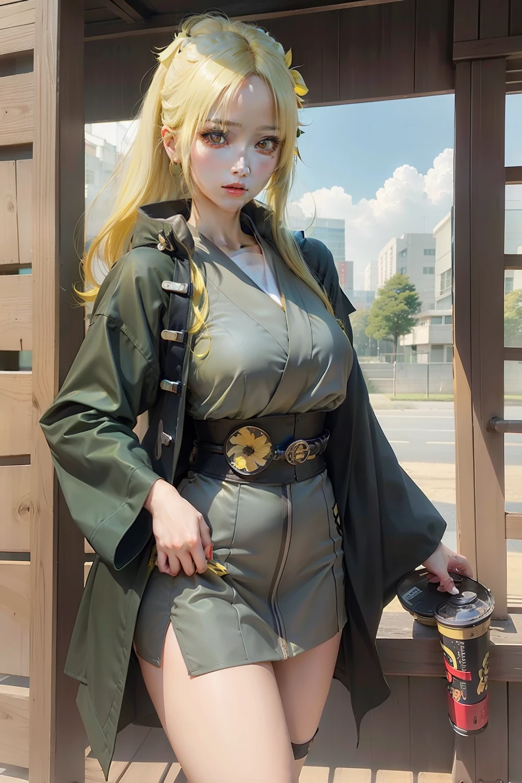 1girl, tsunade, yellow hair, yellow eyes, clothes green, realistic, ultra detail
