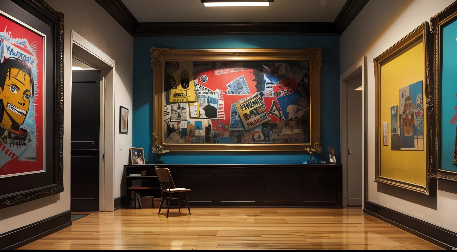 Background with、Basquiat's painting、picture frame、a room