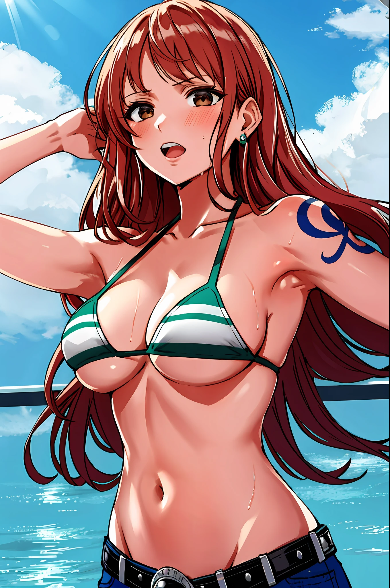 detailed background, masterpiece, 4k, epic, best quality, late youth, adult, wrestler body, wrestling, 1girl, active, energic, (wide open mouth) , solo, nami \(one piece\), 1girl, bangle, (very wet, yawning, drenched in sweat, sweat all over body, very missy hair, tired, open mouth, exhausted, shouting, sweaty face, sweaty body, bruises, injury, feeling hot, sweating too much, blushing, tilting head, shiny sweat, leaning, hands on hips, serious, glaring, open eyes, looking up, perfect detailed face, round face, sweat on face) bold drawing lines, muscular arms, detailed bold arm lines, flat jaw, adult woman, wavy wide streaked bangs, floating bang, (big cheeks), bare shoulders, off-shoulders, belt, bikini, bikini top only, blue sky, bracelet, springy breasts, breast lines, big round eyes, very big brown shiny eyes, bubbles, high eye position, cleavage, cloud, day, denim, earrings, floating hair, shiny hair, green belt, green bikini, bold groin lines, jeans, jewelry, medium breasts, log pose, long hair, looking at viewer, big navel, wet hair, orange hair, pants, shoulder tattoo, sidelocks, sky, solo, standing, stomach, swimsuit, tattoo, detailed left arm, big forehead, hourglass figure, small head, toned body, wide hair, wind effect, sun effect, under the sun, narrow small ears angle, older, random poses,