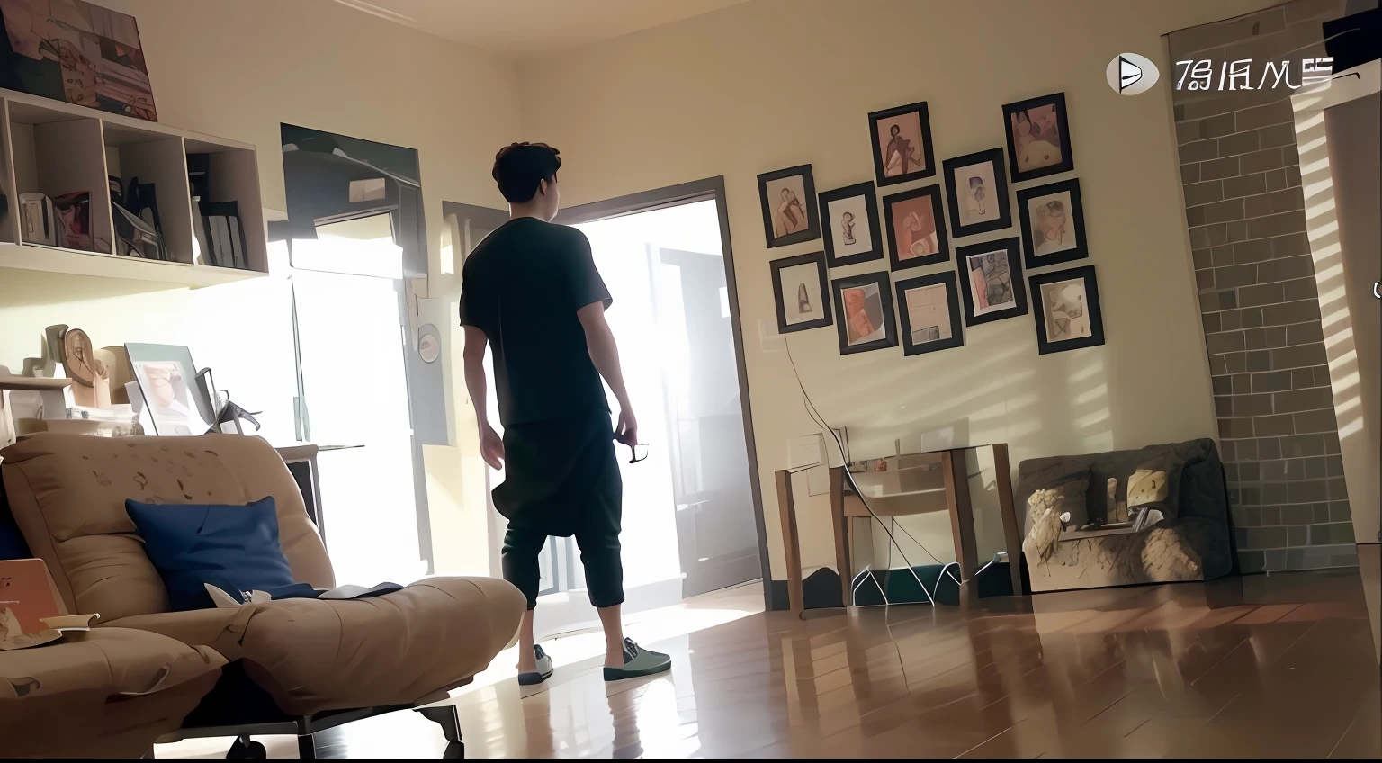 There was a man standing in the living room,Hold the remote control, still from a music video, Still frames, YouTube video screenshots, cinema shot!, music video, movie frame still, Brilliant, movie still frame, shot from cinematic, hyperreal movie shot, Visual effects shots, tv still frame, still from a terence malik film, screenshots from movies