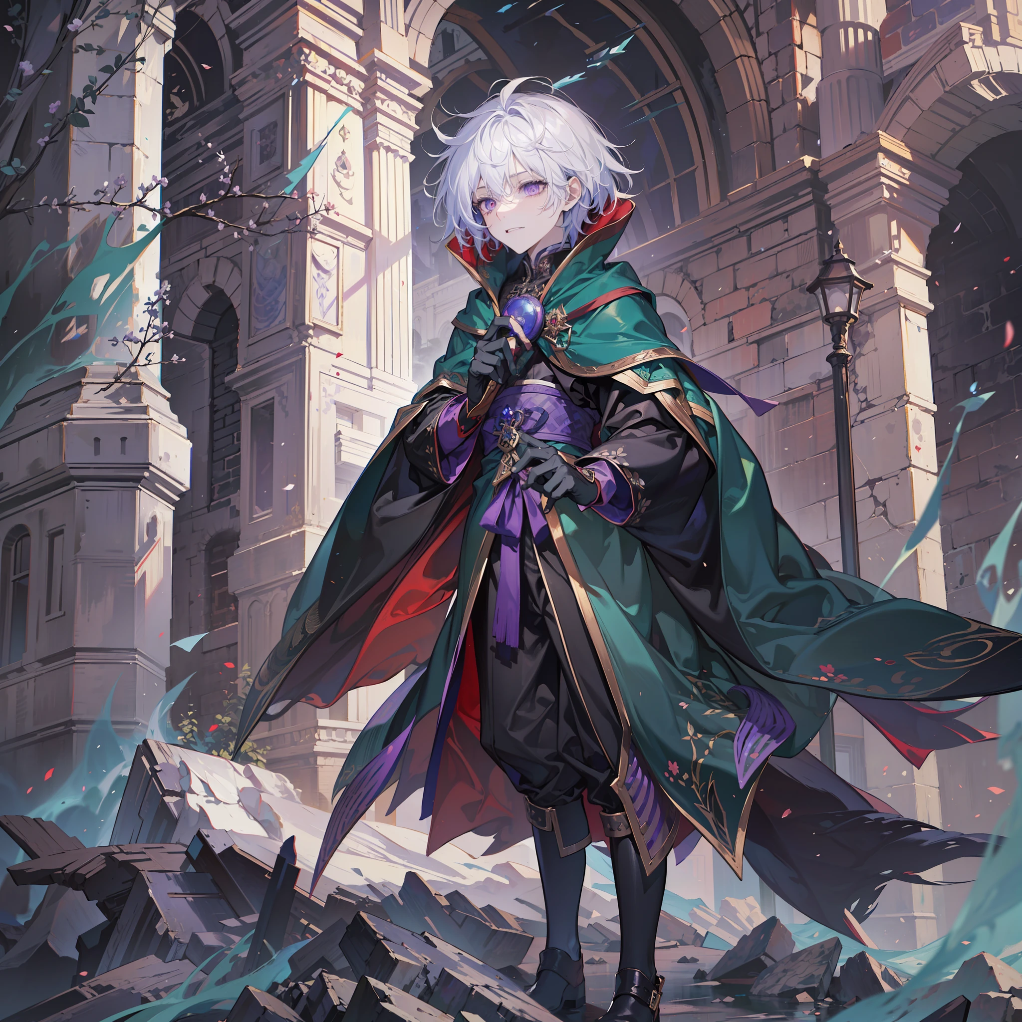 (absurdres, highres, ultra detailed),(Masterpiece, best quality:1.2),1boy, wearing dark magician robes, surrounded by walls of a crumbling castle,genshin impact, character design,white hair,short hair,purple and red eyes, grin