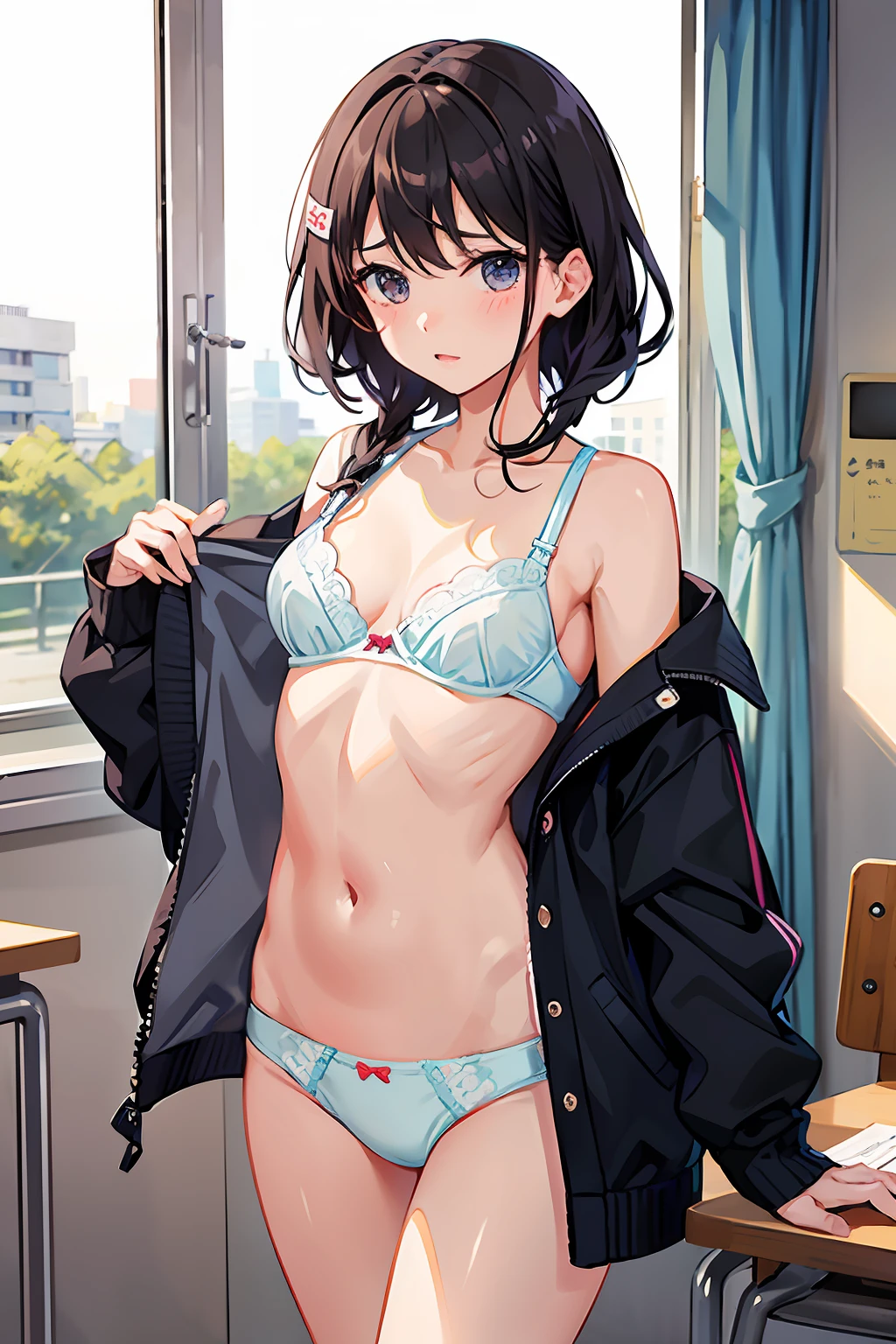 panties small、Classroom、embarrassed from、seminude、Be undress、On the way to changing clothes、undergarment、bra very
