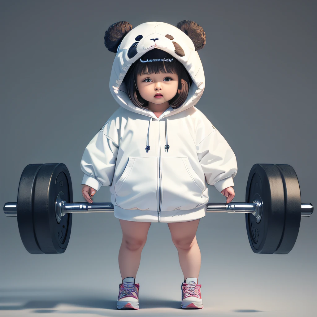 4K HD quality,Ridily scene details,A cute chubby little girl,Double bun and bangs,Wear a white panda hood,Very happy,lifting weights,full body shot shot