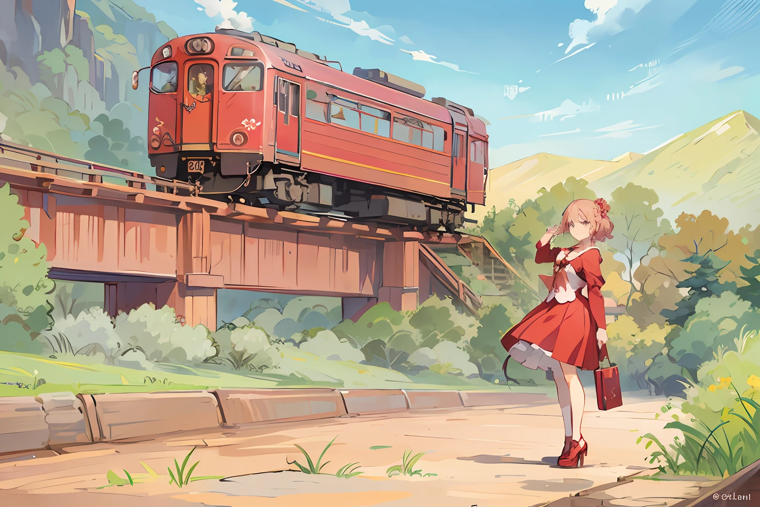 Anime scene of a woman in a red dress and a train, Forest Road.,Anime style, made with anime painter studio, Train, anime countryside landscape, inspired by Kamisaka Sekka, Anime style, Anime landscape concept art, drawn in anime painter studio, anime scene, author：Middle Bokuhn, Anime landscape, author：New Art