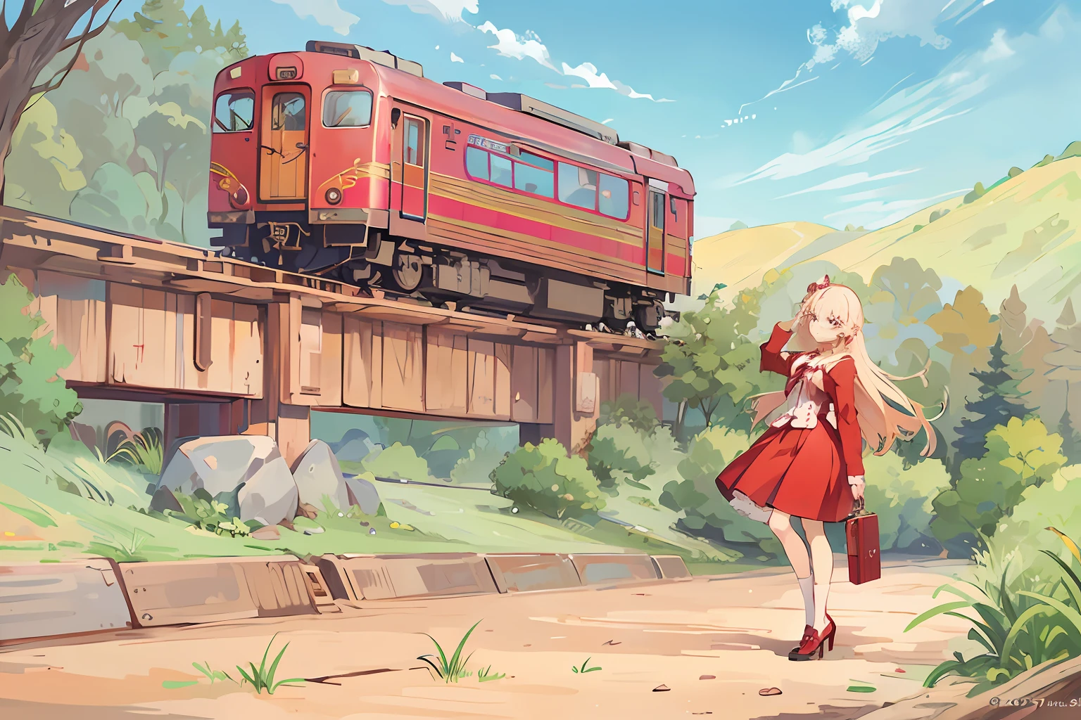 Anime scene of a woman in a red dress and a train, Forest Road.,Anime style, made with anime painter studio, Train, anime countryside landscape, inspired by Kamisaka Sekka, Anime style, Anime landscape concept art, drawn in anime painter studio, anime scene, author：Middle Bokuhn, Anime landscape, author：New Art