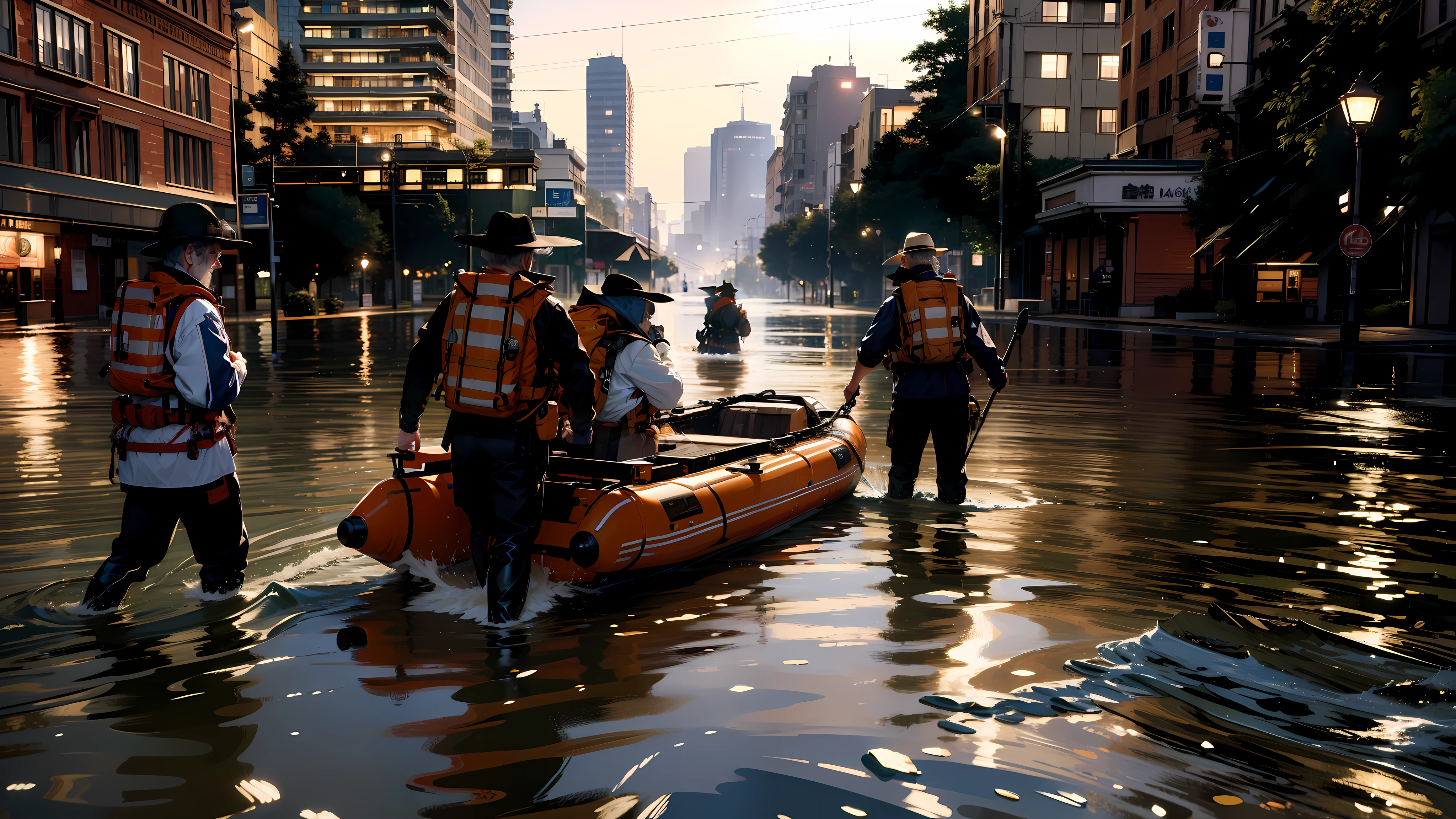 (Best quality),(Masterpiece),High details,extremely_Detailed_CG_Unity_8K_the wallpaper,Cinematic lighting:0.9, amazing shadows, Caravaggio-style shadows, ((Amazing perspective:1.2)), ，heavy rain poured，The rain fell，raining day，overcast day，Rain drops，Several men in life jackets carried lifeboats，There was an old man on the lifeboat，They walked through flooded streets, flooded city,