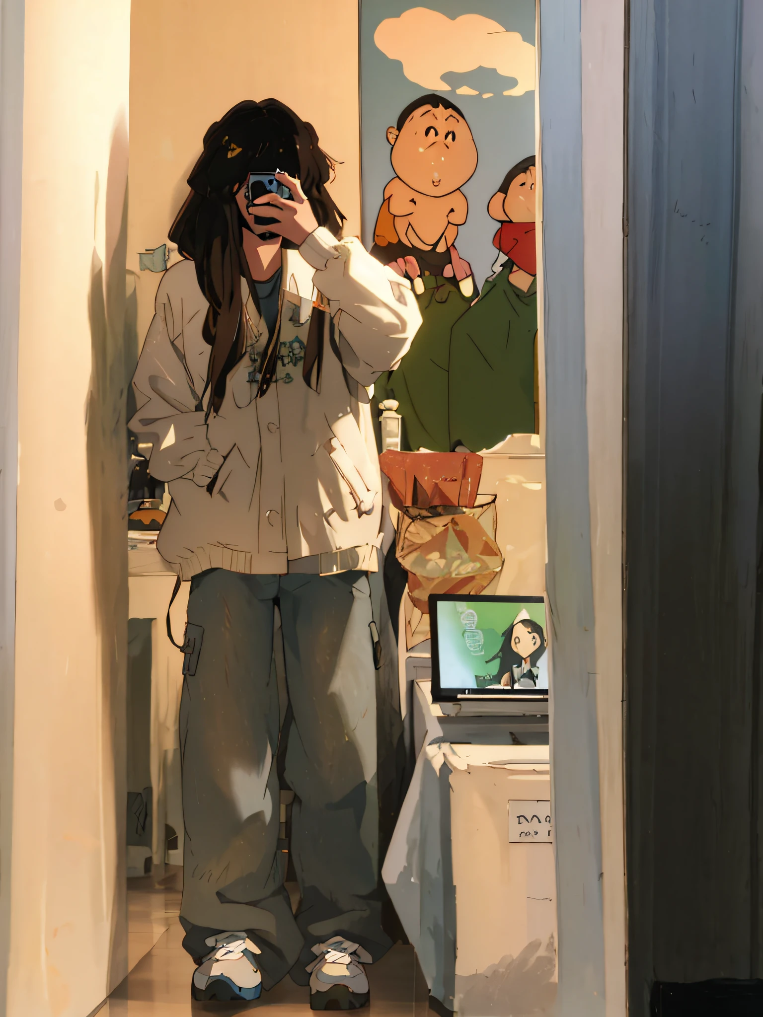 arafed woman taking a picture of herself in a mirror, wearing a fisher 🧥, baggy jeans, wearing a baggy, baggy pants, 😭 🤮 💕 🎀, outfit photograph, She is seen wearing streetwear pieces, 2 0 2 0 fashion, Casual clothes, y 2 k style, Y2K style, Full body picture, dressed with long fluent clothes
