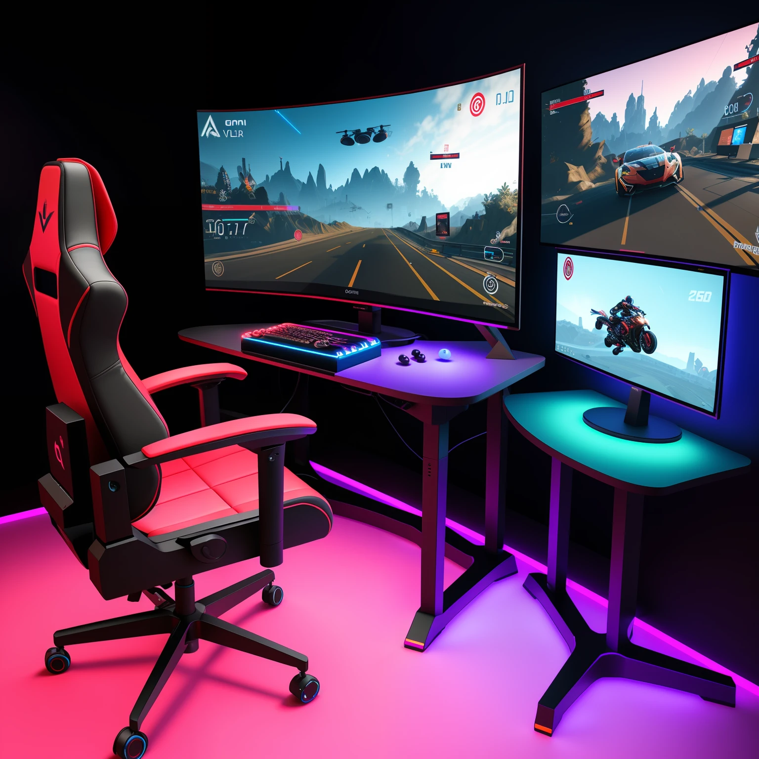 A futuristic gaming room with sleek, minimalistic design, featuring a high-tech gaming setup with multiple monitors, RGB lighting casting vibrant hues throughout the room, ergonomic gaming chair with adjustable controls, and a state-of-the-art virtual reality headset, creating an immersive gaming experience, Photorealistic 3D rendering, using advanced lighting and material techniques to capture the sleekness and futuristic aesthetic, --ar 16:9 --v 5