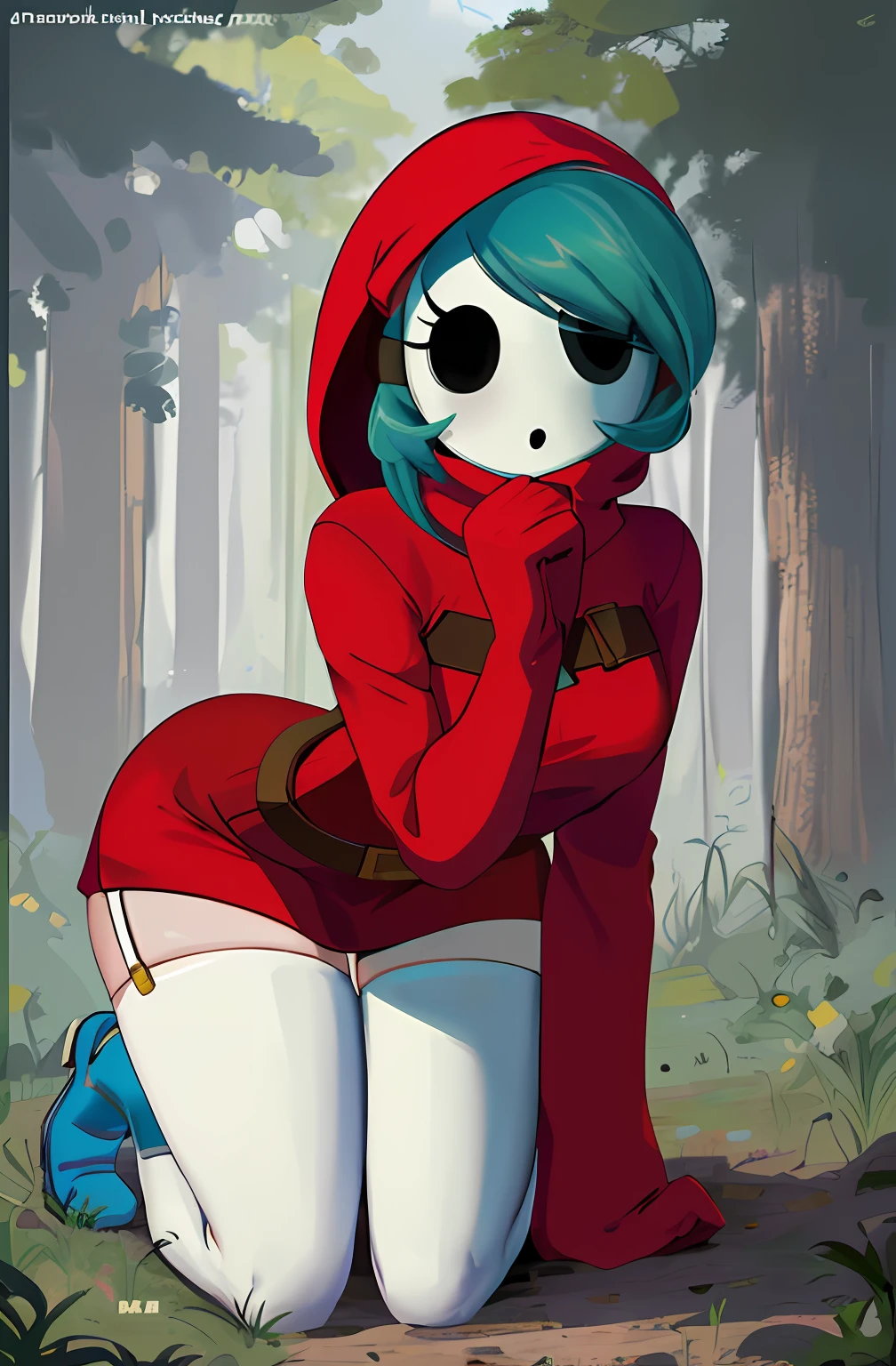 [shy gal], [Uploaded to e621.net; Minus8], ((solo portrait)), ((raw photo)), ((High definition)), ((anime)), ((raytracing)), ((detailed shading)), ((intricate details)), {shy guy; (woman body, shy guy mask, green hair, beautiful legs, curvaceous hips), (red bodycon dress; red hood, brown belts, (white knee high sock); (garterbelt straps), (blue boots)}, {on and hands knees), (all fours), (surprised), [Background; (outside daytime; forest, sunny, trees, sun rays through trees)]