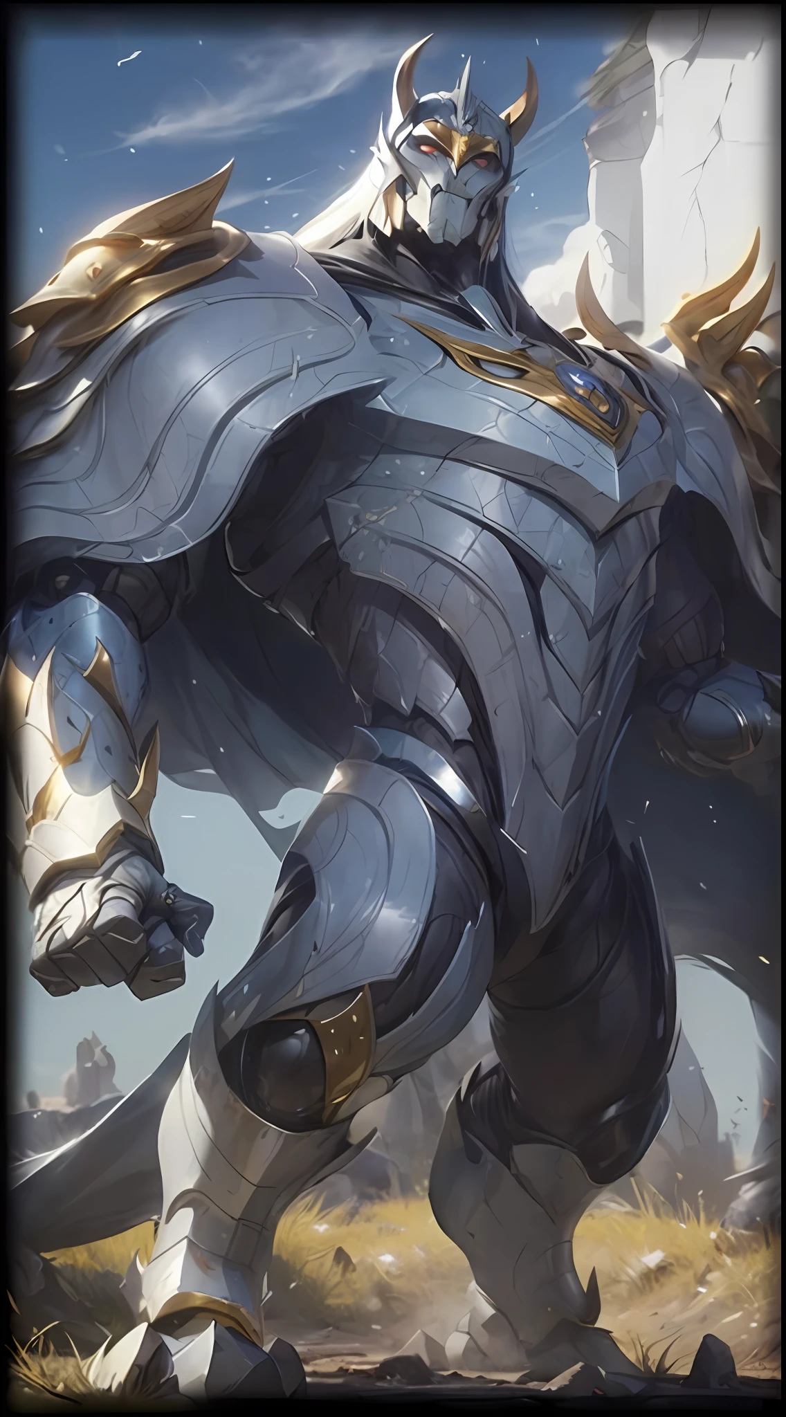a close up of a robot with a sword in its hand, nasus, painted portrait of mordekaiser, Thertrevkaiser, Splash Art, arcane jayce, raziel irl, Erebos's Titan, as a titan, Aurelion Sol, style of league of legends, heise jinyao, Riven, zenra taliyah,((Mastpicek)), ((Best quality), 8 k'', High detail, super super detail, rich details,hord,Stone Heroes,Golden crown,Stone texture,Long tail,Clench your hands into fists,Giant figures,Blue sky and white cloud background,Golden wire,((grey armor)),((Stone material)),Angular