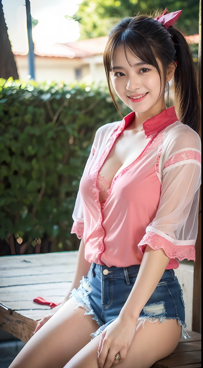 (top-quality:1.4、8K、32K、)、(masterpiece、Raw photography、真实感:1.6)、超A high resolution、(fidelity:1.4)、high-detail skin、(Photorealsitic:1.4)、profetional lighting、 Woman in her 20s、Women in Japan、with round face、((Girl in loose pink shirt))、(Unbuttoned shirt)、 ((1girl in、Folded hands in front of the body))、sitting on、(Colossal tits :3.8、bigtits, )、Bare shoulders、 (cleavage、Exaggerated cleavage、perfectly proportions、delicate skin texture and cloth texture、Gentle smile、hyperdetailed face、 (((lacy fabric、Sheer fabric、Oversized pink shirt))), You can see the bra under the shirt、(Transparent fabric、lacy fabric、Transparent Red Bra、Red Half Cup Bra)、teats、The areol、yawns、A smile、(((Denim shorts、Denim miniskirt)))、(((Black Long Hair、poneyTail、)))、Red ribbons、gargantilha、Black Choker, Solo、Red sneakers、Red underwear、Background with、城市、street corner、a park、Benches、livingroom、sofa、Bedroom、a bed