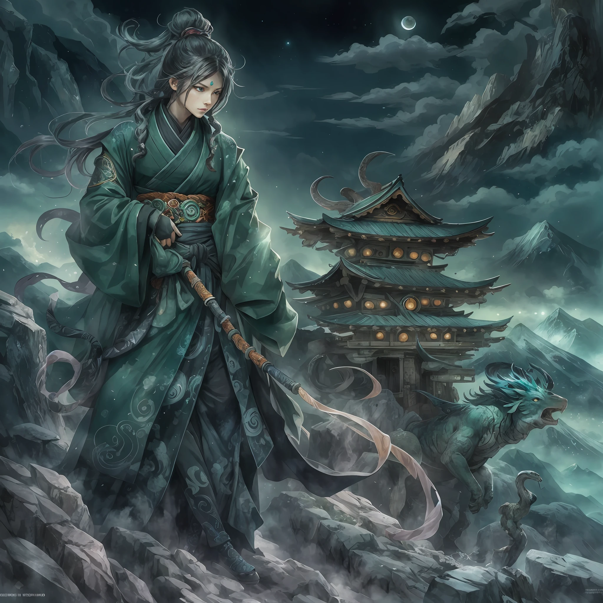 mystic ninja，Detailed face，Detailed eyes，Clear eyes，Gui Zen，Exotic beasts of mountains and seas，Dark green and black details, Loose and thick clothing covers the body，standing on cliff，Bask in the luxury of Yoshitaka Amano in the moonlight，fanciful，sci-fy，the complex background（full bodyesbian），((dynamicposes))，Colorful wallpapers，Highly detailed，Masterpiece，best qualtiy，art  stations