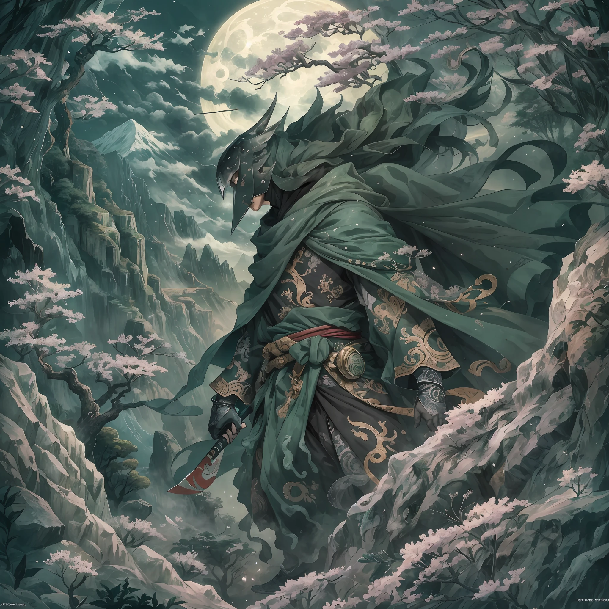 mystic ninja，Detailed face，Detailed eyes，Clear eyes，Gui Zen，Exotic beasts of mountains and seas，Dark green and black details, Loose and thick clothing covers the body，standing on cliff，Bask in the luxury of Yoshitaka Amano in the moonlight，fanciful，sci-fy，the complex background（full bodyesbian），((dynamicposes))，Colorful wallpapers，Highly detailed，Masterpiece，best qualtiy，art  stations