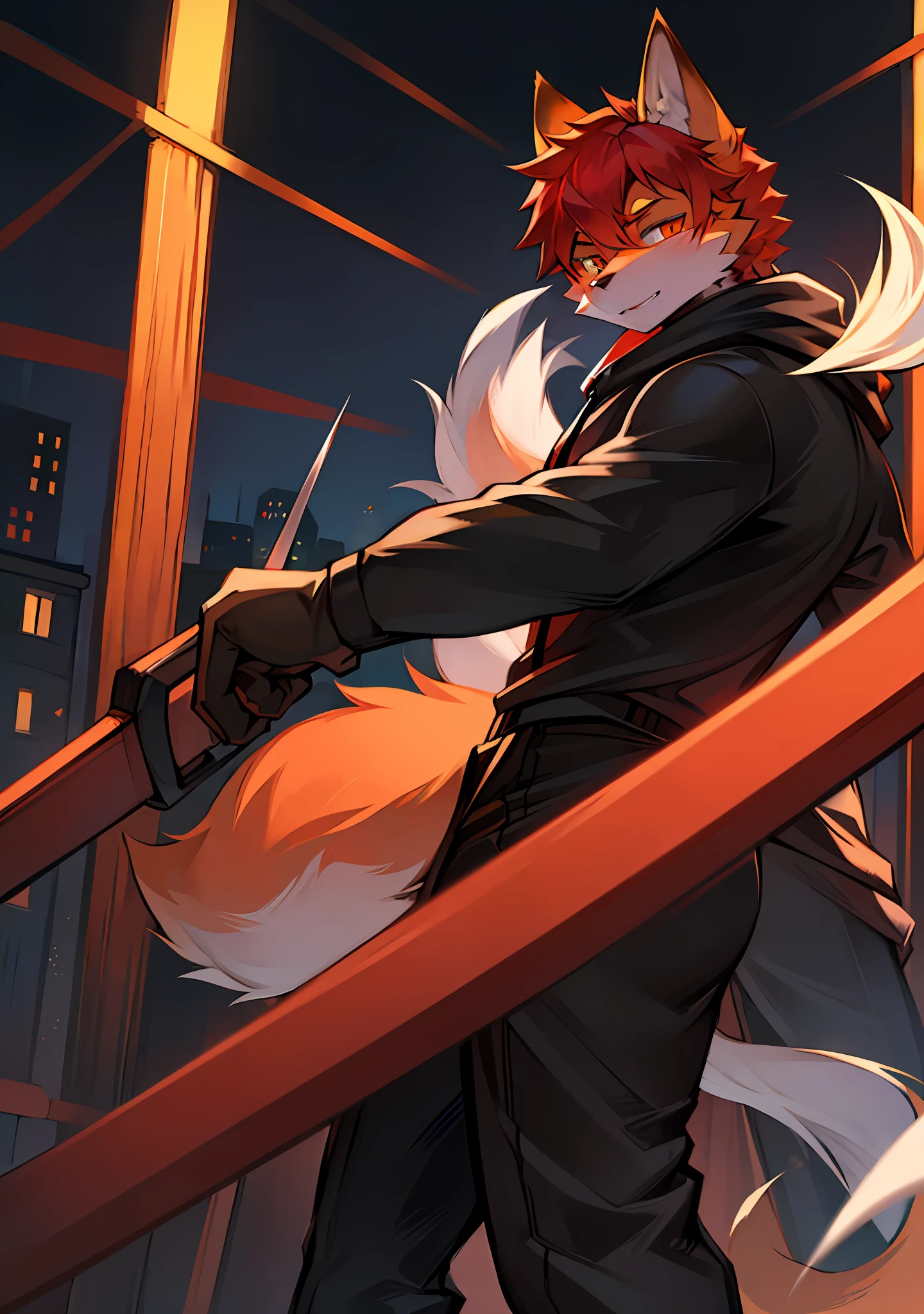 8K, Super detail, ccurate, Best quality,A 24-year-old fox boy,Identity as a professional killer,There are reddish-orange hairs,Hand-held blade,, Intense plush texture, Very delicate fur, animal personification, Fox tail, Fox ears,Wears a black hooded sweatshirt, Cute face, full bodyesbian, Looking at the audience,Professional killer,Fluffy tail