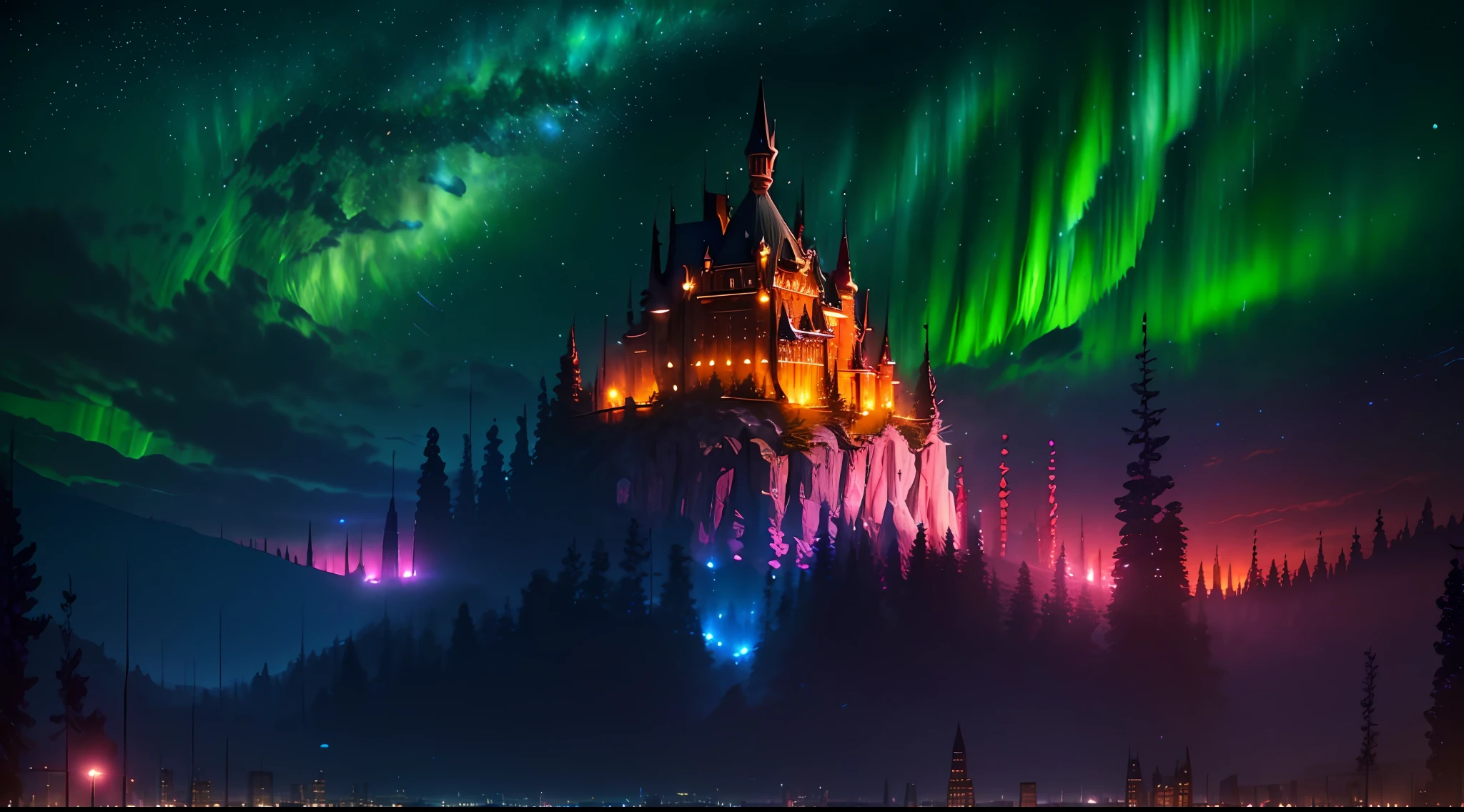 (deep in the night, deep in the night, deep in the night) I see a beautiful, detailed 8k artwork with a sugary pink crystal castle, sparkling gold, and a fairytale landscape against a magical night sky.8k,((huge full city)),(space city),(nothern lights,detailed),((high quality))