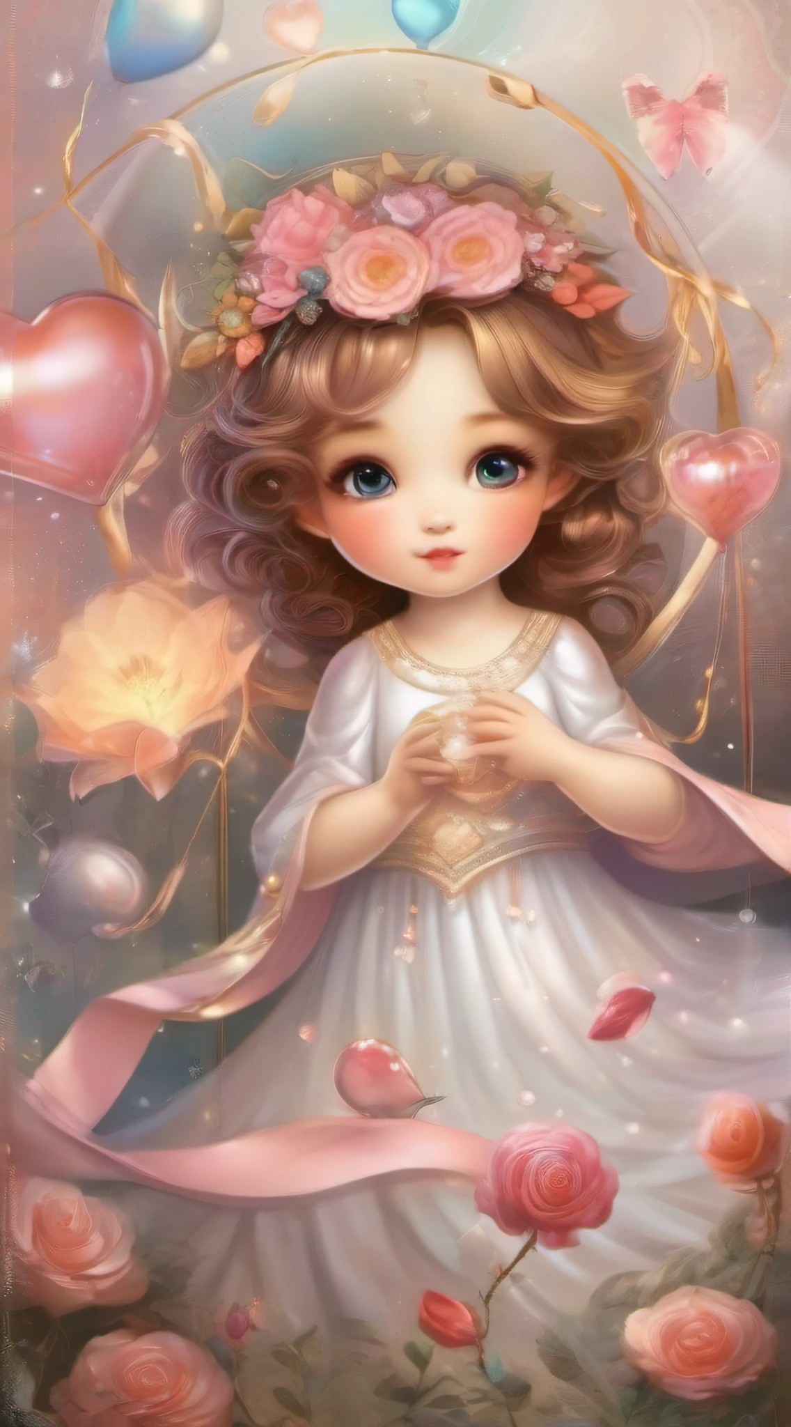 Cute Angel、Beautiful fece、goddes、a smile、twinkle、excitedly、joy、optic、Rose flower、balloons、heart、stele