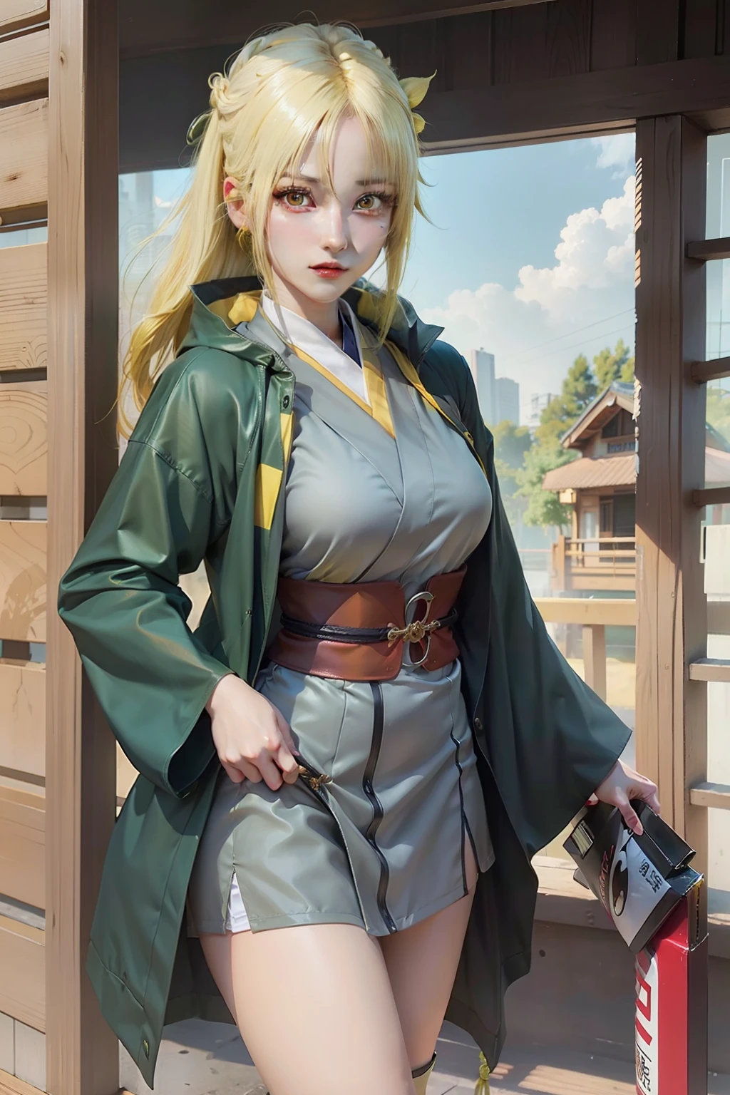 1girl, tsunade, yellow hair, yellow eyes, clothes green, realistic, ultra detail
