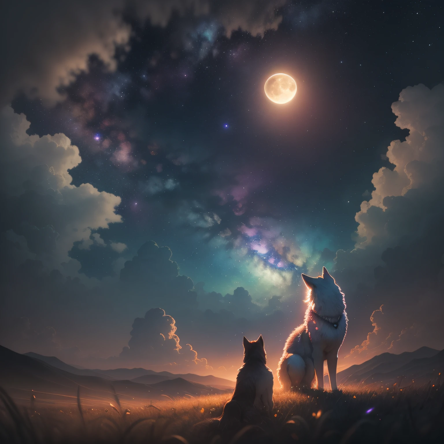 A wide landscape photo, (viewed from below, the sky is above, and the open field is below), a wolf sitting on grass field looking up, (full moon: 1.2), (meteor: 0.9), (nebula: 1.3), distant mountains , Trees BREAK Crafting Art, (Warm Light: 1.2), (Firefly: 1.2), Lights, Lots of Purple and Orange, Intricate Details, Volumetric Lighting BREAK (Masterpiece: 1.2), (Best Quality), 4k, Ultra Detailed, (Dynamic Composition: 1.4), Rich in Detail and Color, (Rainbow Color: 1.2), (Glow, Atmospheric Lighting), Dreamy, Magical, (Solo: 1.2)