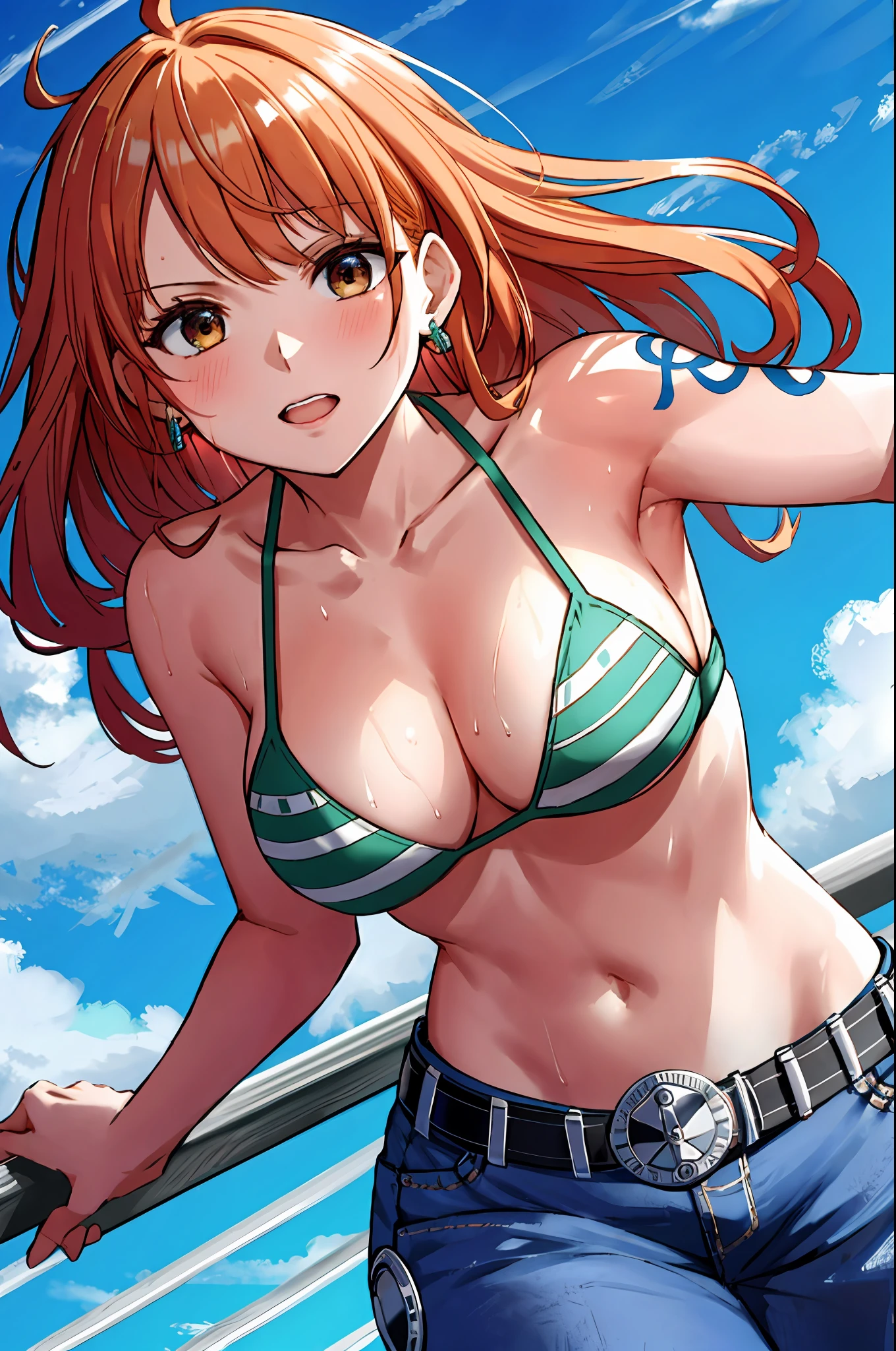 detailed background, masterpiece, 4k, epic, best quality, late youth, adult, milf, wrestler body, wrestling, 1girl, active, energic, (wide open mouth) , solo, nami \(one piece\), 1girl, bangle, (very wet, drenched in sweat, sweat all over body, very missy hair, tired, open mouth, exhausted, shouting, sweaty face, sweaty body, bruises, injury, feeling hot, sweating too much, blushing, tilting head, shiny sweat, leaning, hands on hips, serious, glaring, open eyes, looking up, perfect detailed face, round face, sweat on face) bold drawing lines, muscular arms, detailed bold arm lines, flat jaw, adult woman, wavy wide streaked bangs, floating bang, (big cheeks), bare shoulders, off-shoulders, belt, bikini, bikini top only, blue sky, bracelet, springy breasts, breast lines, big round eyes, very big brown shiny eyes, bubbles, high eye position, cleavage, cloud, day, denim, earrings, floating hair, shiny hair, green belt, green bikini, bold groin lines, jeans, jewelry, medium breasts, log pose, long hair, looking at viewer, big navel, wet hair, orange hair, pants, shoulder tattoo, sidelocks, sky, solo, standing, stomach, swimsuit, tattoo, detailed left arm, big forehead, hourglass figure, small head, toned body, wide hair, wind effect, sun effect, under the sun, narrow small ears angle, older, random poses,