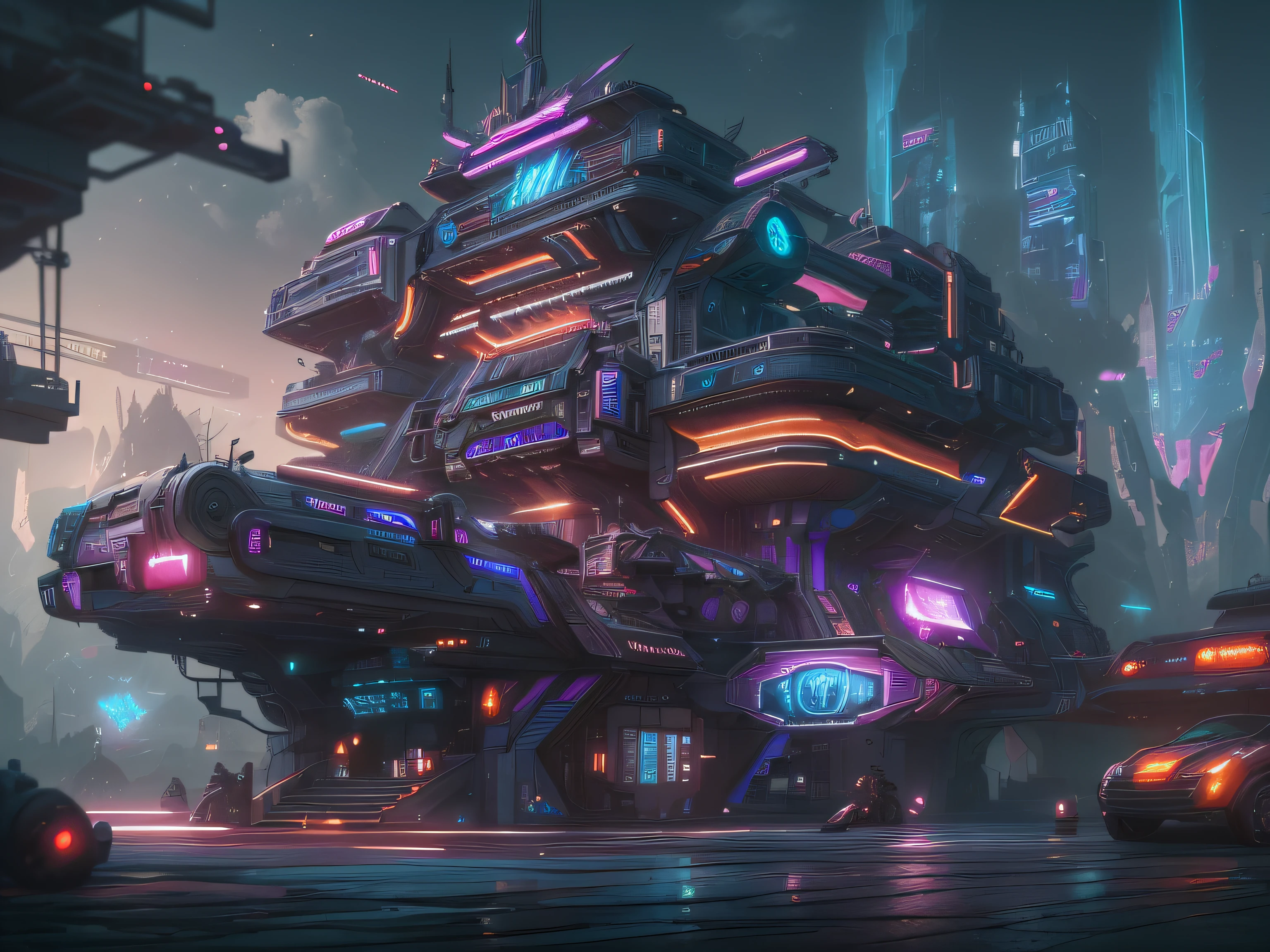 (tmasterpiece,top-quality,best qualtiy)Game Building,Ethno-style architecture,Structurally sound、high definition detail,gameicon,Future science fiction,neonlight,cyber punk perssonage,Hologram aura、particle fx,perfect works,offcial art,Beauty and aesthetics:1.2