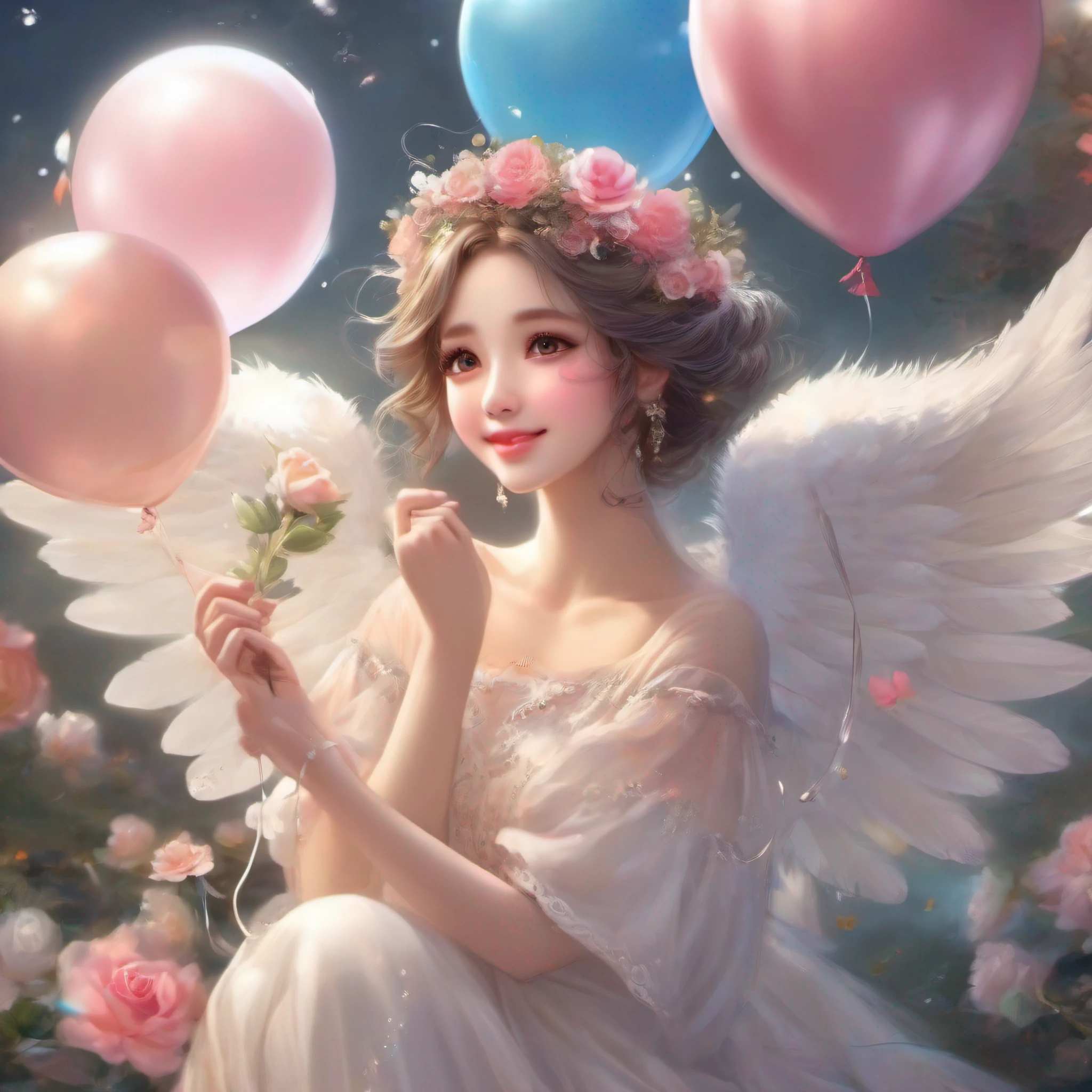 Cute Angel、Beautiful fece、goddes、a smile、twinkle、excitedly、joy、optic、Rose flower、balloons