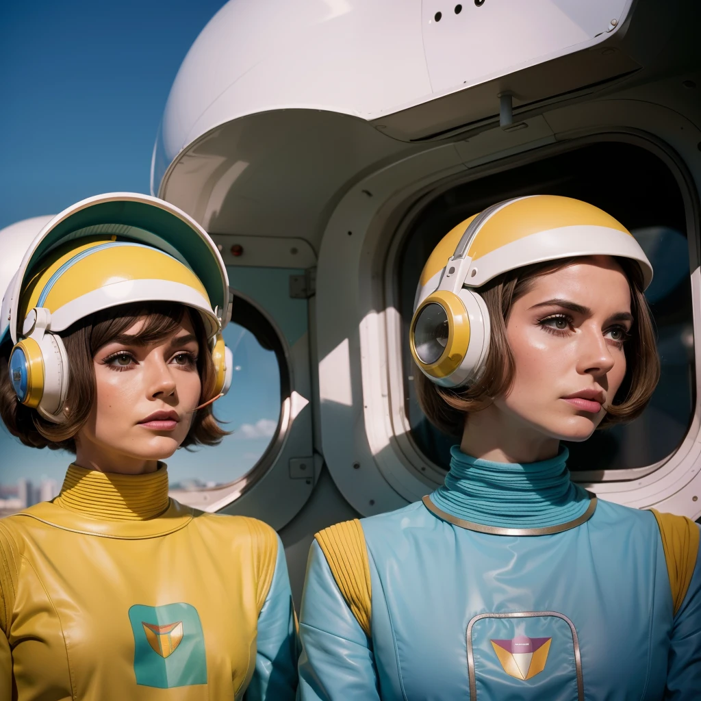 4k image from a 1960s science fiction film by Wes Anderson, Filme O Grande Hotel Budapeste, pastels colors, Men wearing retrofuturistic alien masks and holding colorful suitcases and chests on the bus, Retro-futuristic fashion clothes from the 60s with old robots, Luz Natural, Psicodelia, futurista estranho, retro-futurista, photo-realistic, Sharp background details.