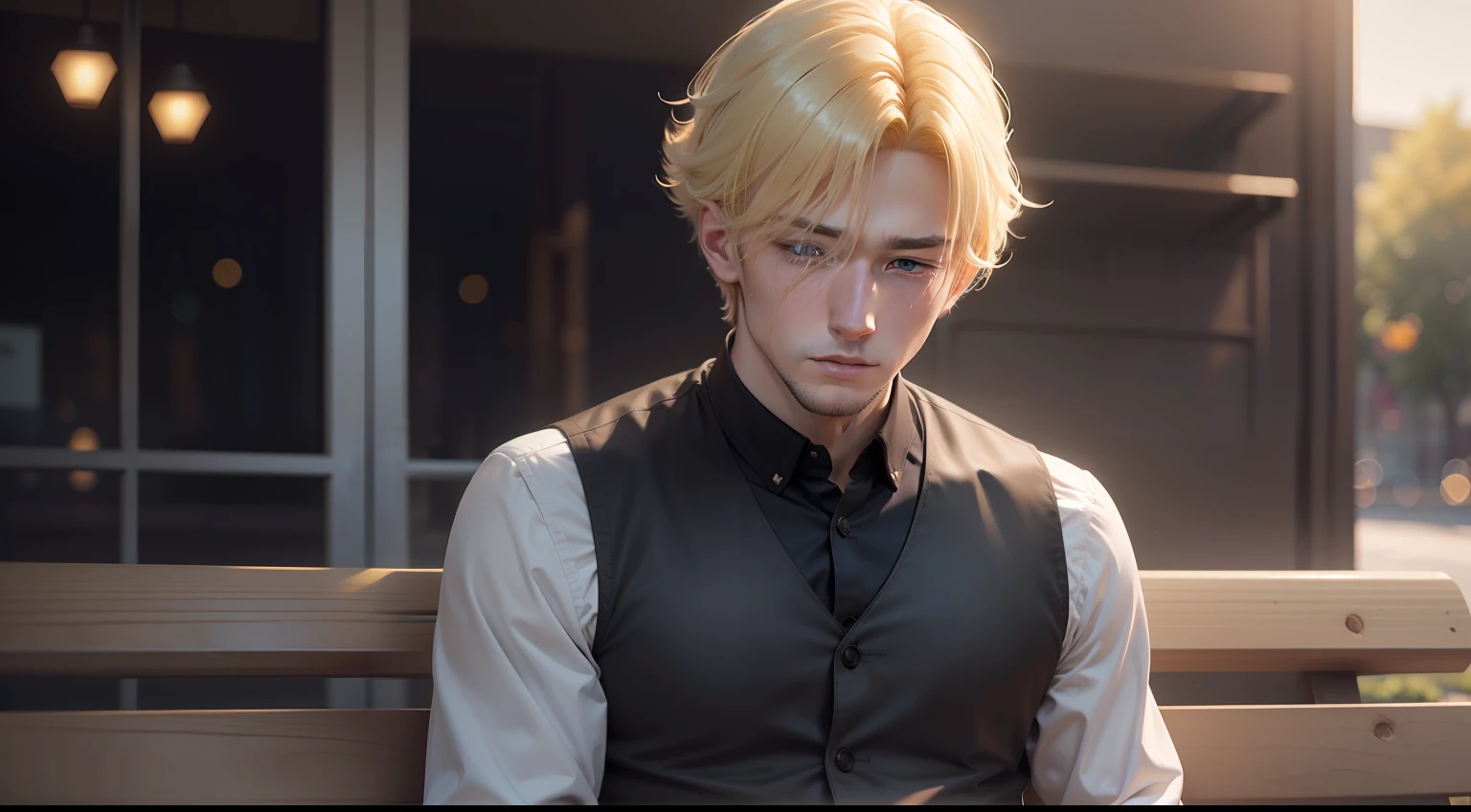 There was a yellow-haired man sitting on a bench,It's a pity，Missed，Tears anime. Soft lighting, anime realism style, drawn in anime painter studio, Handsome anime pose, made with anime painter studio, Realistic anime 3 D style, realistic anime artstyle, realistic art style, Anime portrait of a handsome man, Realistic afternoon lighting, Smooth anime CG art, realistic soft lighting