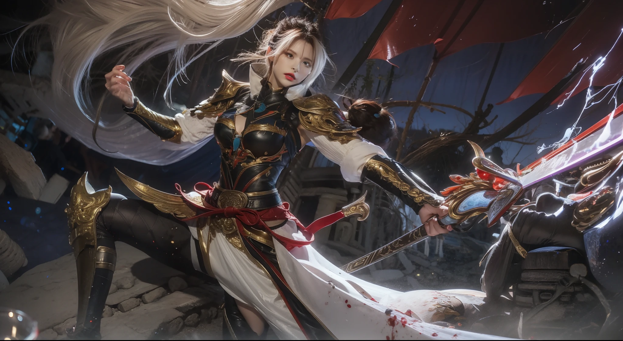 Female general of ancient China,详细的脸,Beautiful and dignified,Mighty and domineering,Determined gaze,mighty,Golden hairpin,long white hair,Black-gold armor,Red ribbon around the waist,White skirt,black lence stockings,Golden-black boots,Purple cape on the back,The right hand is open,The left hand holds the hilt of the sword,A scabbard hangs from his waist,The blade flashed with blue-purple electric light,There are many blue-purple flags on the back,Behind him are the ruins of the battlefield,the night,The sky is gloomy,Dark purple sky,There is blood in the air,The background has a blue tone,Blue-violet filter,high high quality,illustrious,best qualityer,hyper HD,RAW photos