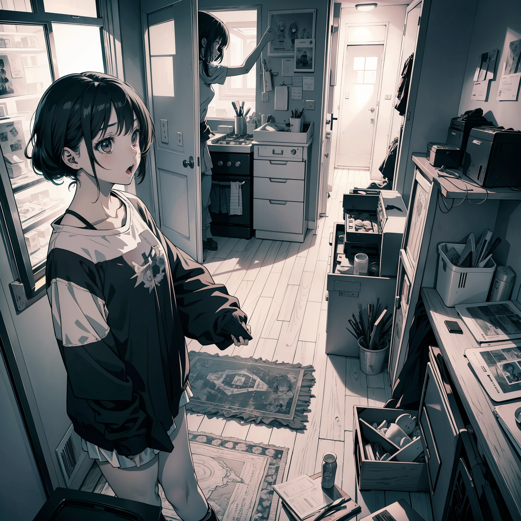 Girls' apartment，The girl screamed in horror，animemanga girl，Young girls，Chiaroscuro, Super detail, ccurate, Masterpiece, High details