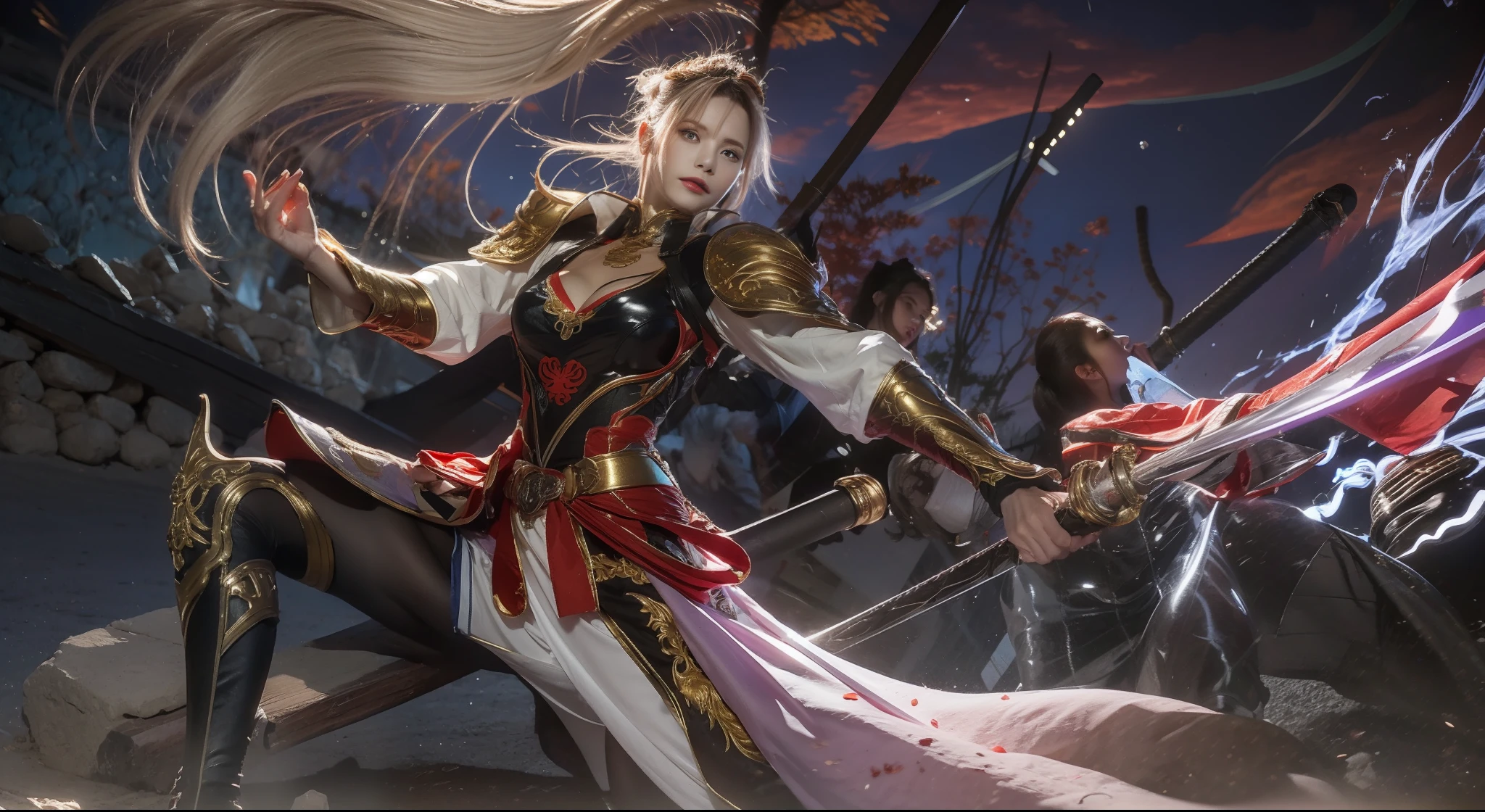 Female general of ancient China,详细的脸,Beautiful and dignified,Mighty and domineering,Determined gaze,mighty,Golden hairpin,long white hair,Black-gold armor,Red ribbon around the waist,White skirt,black lence stockings,Golden-black boots,Purple cape on the back,The right hand is open,The left hand holds the hilt of the sword,A scabbard hangs from his waist,The blade flashed with blue-purple electric light,There are many blue-purple flags on the back,Behind him are the ruins of the battlefield,the night,The sky is gloomy,Dark purple sky,There is blood in the air,The background has a blue tone,Blue-violet filter,high high quality,illustrious,best qualityer,hyper HD,RAW photos