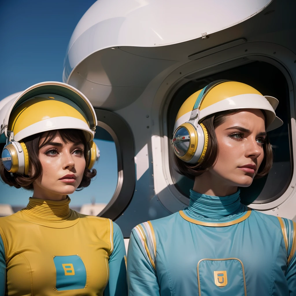4k image from a 1960s science fiction film by Wes Anderson, Filme O Grande Hotel Budapeste, pastels colors, Men wearing retrofuturistic alien masks and holding colorful suitcases and chests on the bus, Retro-futuristic fashion clothes from the 60s with old robots, Luz Natural, Psicodelia, futurista estranho, retro-futurista, photo-realistic, Sharp background details.