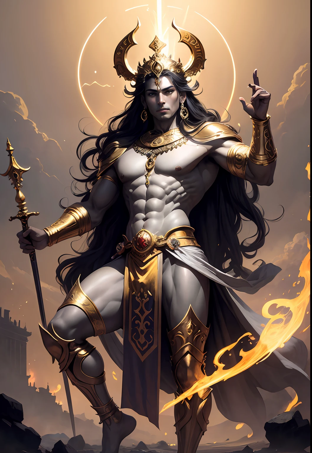 God Indra, handsome, crown on head, gold ornaments, standing in his palace, hands on thighs, on mount Kailash, silks draped around his torso, slight smile, robust, sinewy muscles, sword , apsaras dancing in the background, front view, full body, graceful, realistic, light effects, by Boris Vallejo, Frank frazetta, Louis royo