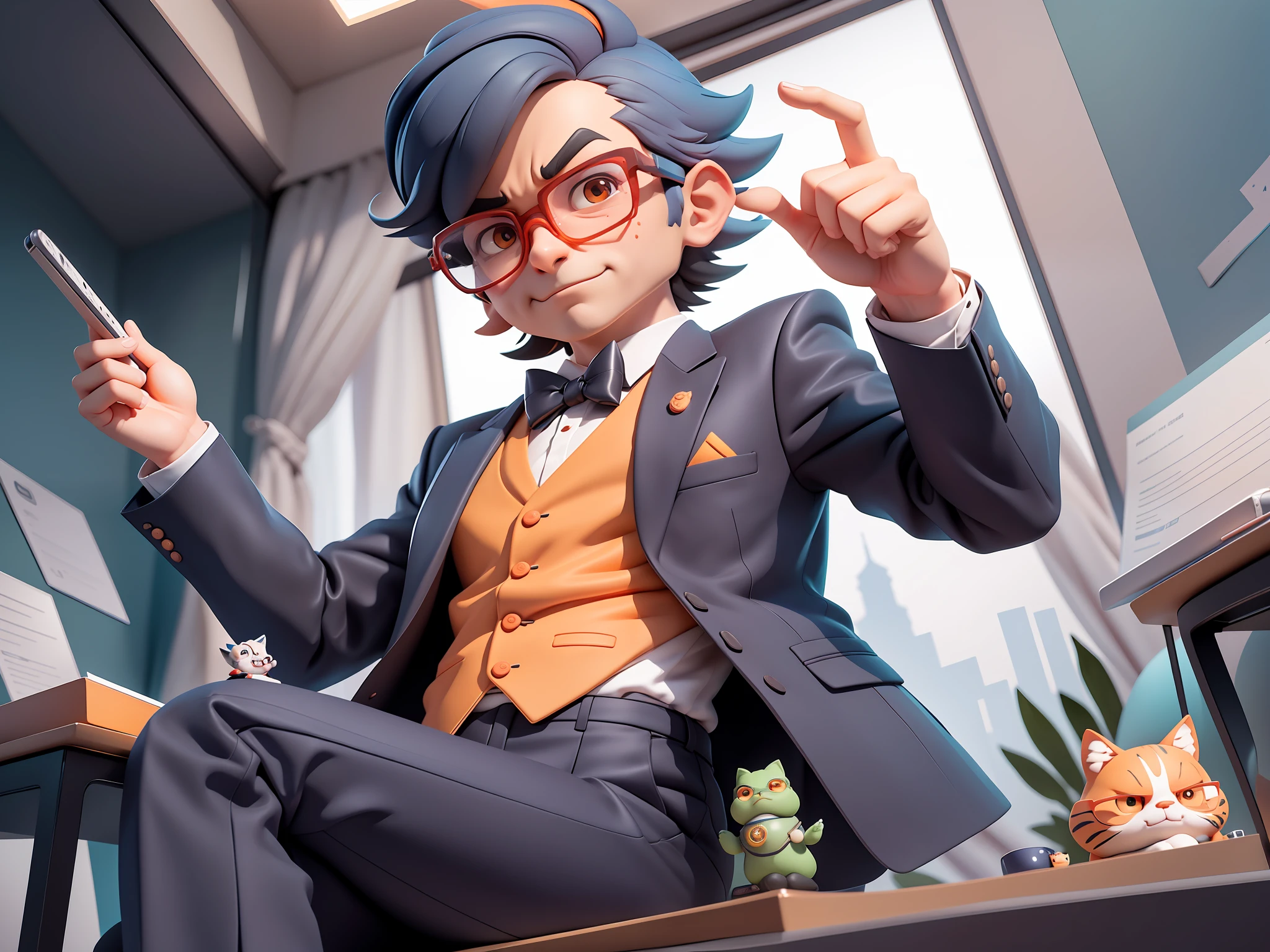 A young man in formal clothes,Short hair and glasses,Sitting at your desk,holding laptop,digitial painting,cartoonish style,4K HD illustration,Very detailed facial features,tigre,Mark Clairdon,by Pixar,3D character design:Hayao Miyazaki and Akira Toriyama, Cartoon-style visuals。