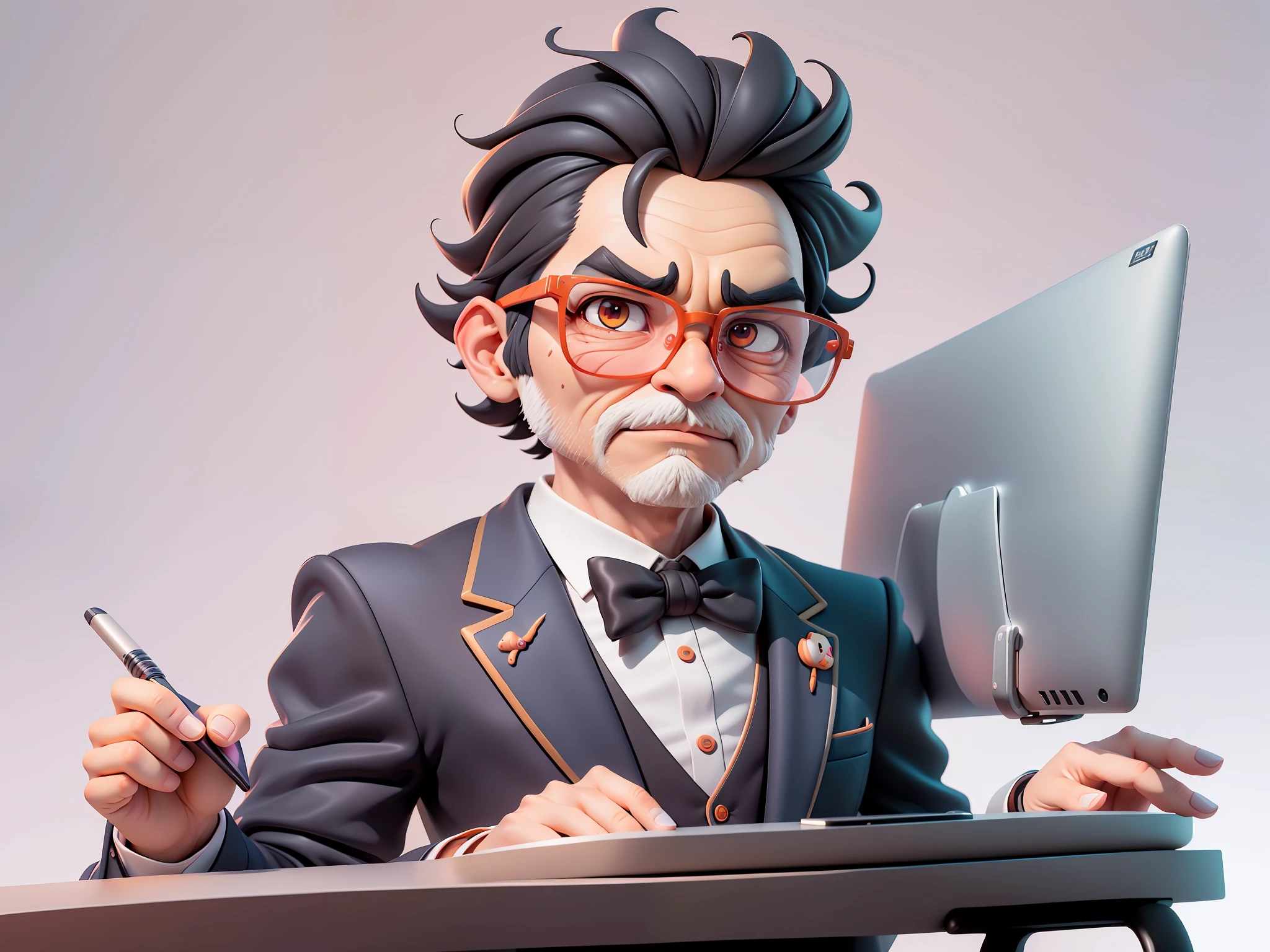 A young man in formal clothes，Short hair and glasses，Sitting at your desk，holding laptop，digitial painting，cartoonish style，4K HD illustration，Very detailed facial features，tigre，Mark Clairdon，by Pixar，3D character design：Hayao Miyazaki and Akira Toriyama, Cartoon-style visuals。