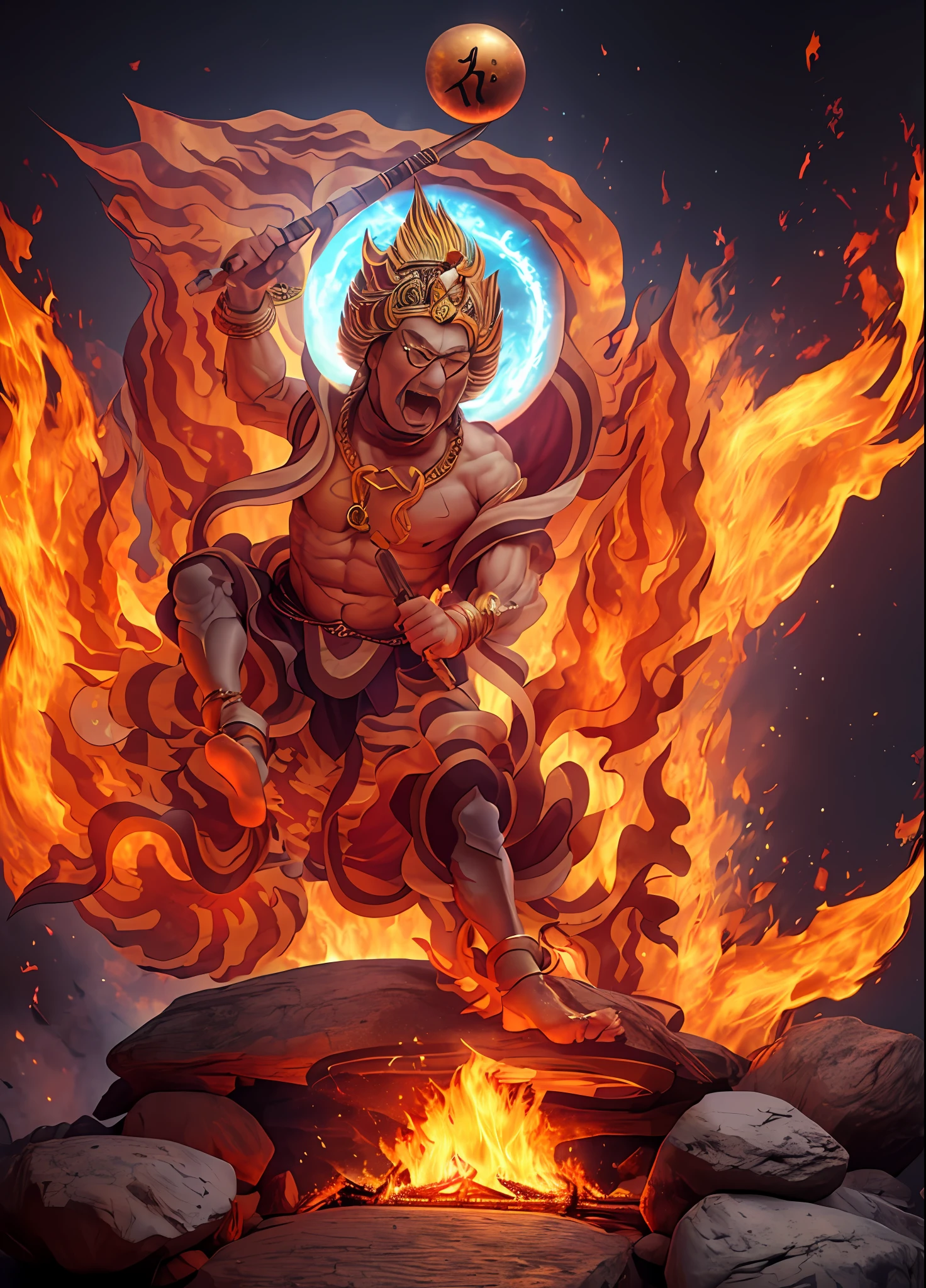 tmasterpiece,Extremely delicate,Tall and angry, Hercules King,Hold the single-stranded pestle in your hand,The body is huge,Hair stands on end,Glared angrily,Tiger teeth exposed,Shiny skin,jewelry,choker necklace,Yingluo,Pedras preciosas,The whole body is on fire,One foot on a rock,Head background with glowing circle,In addition to the role, The picture is all fire,Flames fill the picture,The fire burst into the sky,extreme detailed details,(tmasterpiece), best qualtiy, 超高分辨率, closeup cleavage, Colorful firelight, photon maping, Radio City, physically-based renderingt, cinmatic lighting, 复杂, high detal, Sharp focus, dramatics, Photorealsitic