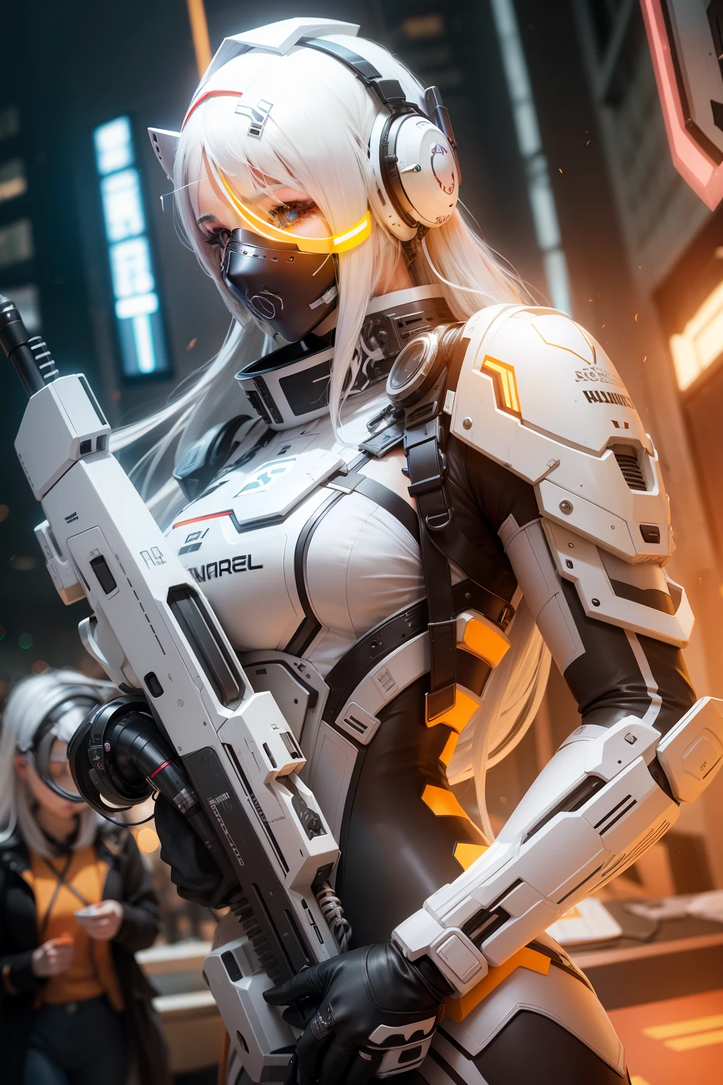 Human, girl, realistic, long hair, white hair, headphone, futuristic, masked