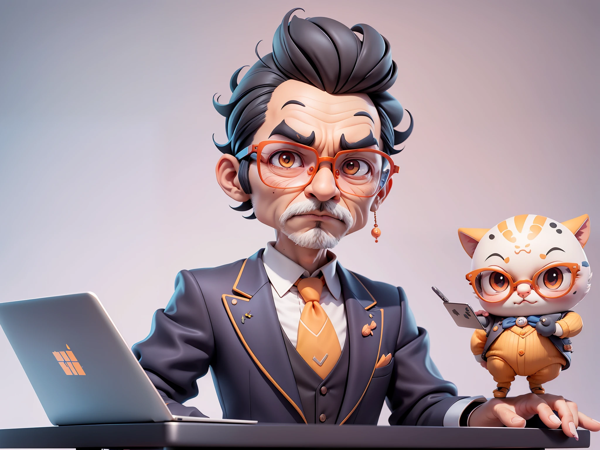 A young man in formal clothes,Short hair and glasses,Sitting at your desk,holding laptop,digitial painting,cartoonish style,4K HD illustration,Very detailed facial features,tigre,Mark Clairdon,by Pixar,3D character design:Hayao Miyazaki and Akira Toriyama, Cartoon-style visuals。