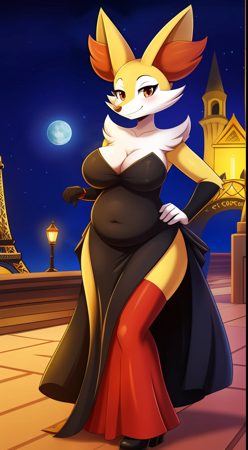 Braixen, obra maestra mejor calidad, estilo de arte de misosouperstar, de noche, publico, fondo de la torre eiffel, luz, vestido de gala negro con estrellas blancas , chubby, hermosa, joven, gafas,sonriente, nsfw, pechos medianos, caderas anchas,alegre