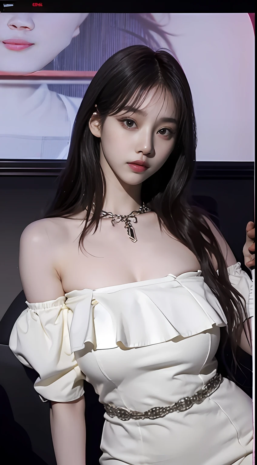 Arapei woman in car, sexy, light dress, tight dress, off-the-shoulder, 2 2 years old, thicc, she is about 21 years old, height 170 cm, Korean, delicate face, realistic, Japanese goddess, pale yellow light, very large breasts