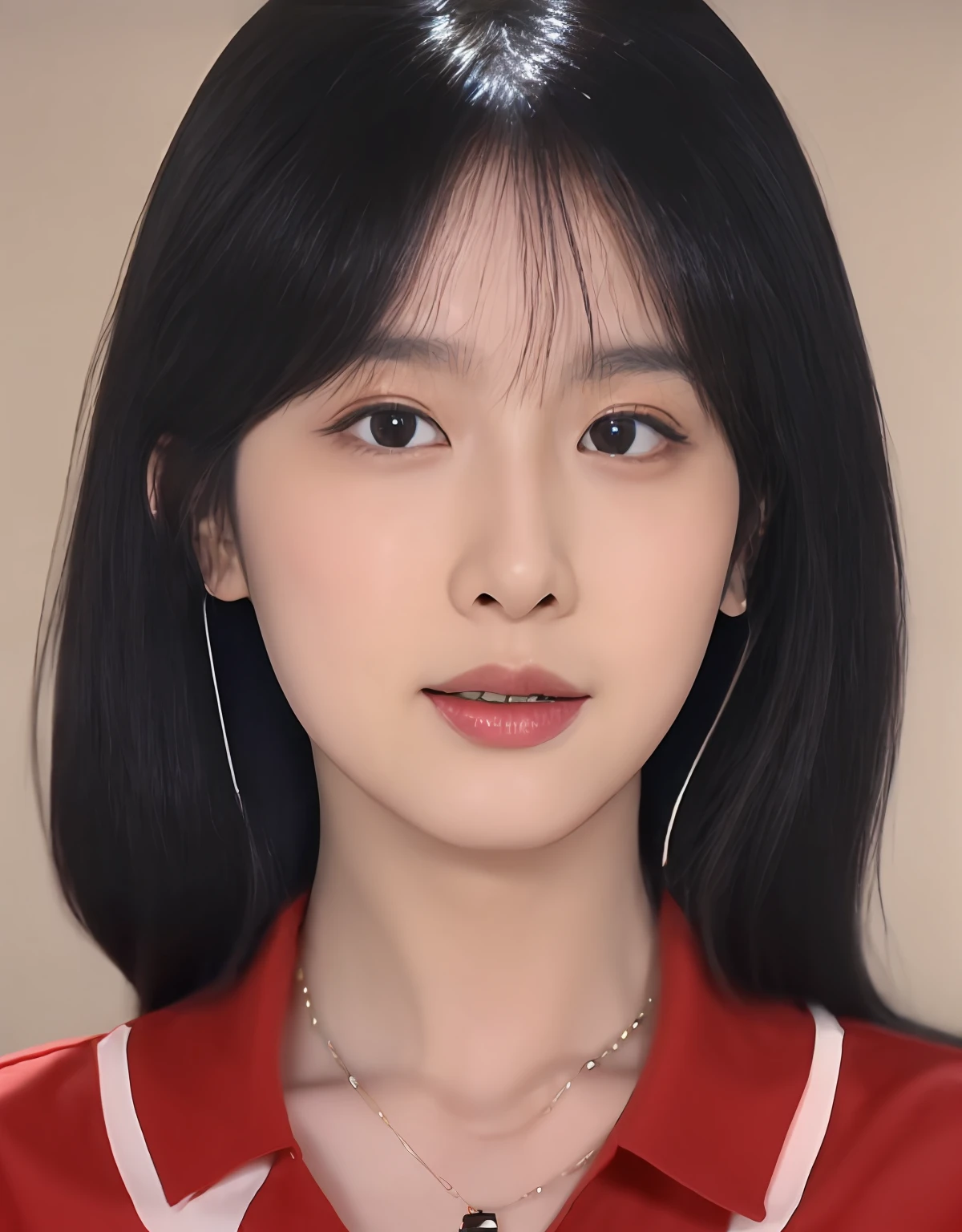 A beautiful Japanese woman's waist up,Has shiny black hair, bangs, Cat-like eyeliner, Wear a red shirt and pendant necklace. (8K, Best quality : 1.2), (Masterpiece, Photorealistic : 1.3), Super detail, Anatomically correct