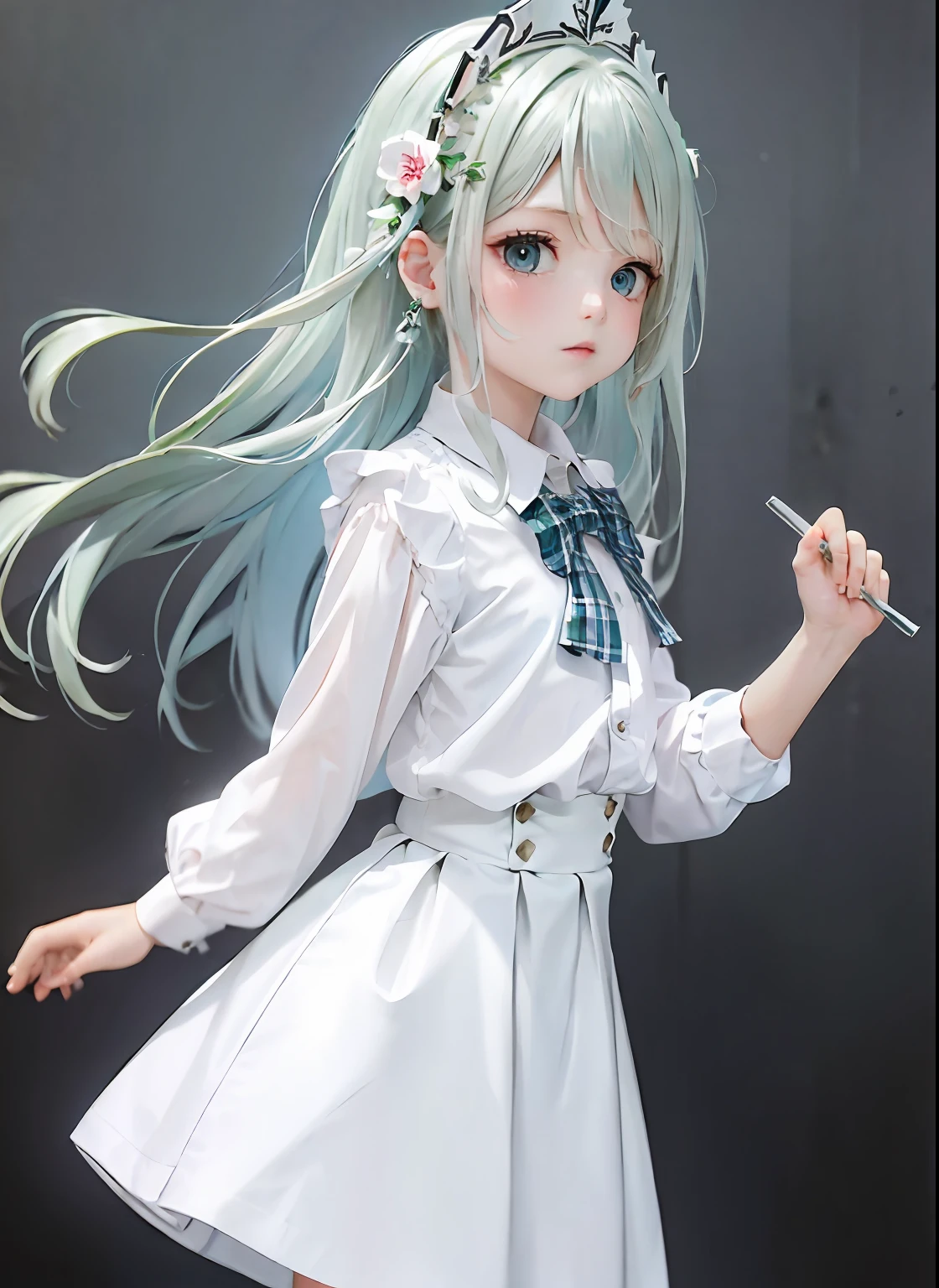 1girl, (masterpiece:1.1), (best quality:1.1), (white blouse:1.1), (plaid skirt:1.1), school uniform, high waist skirt, BREAK [blue:pink:0.5] theme, (gradient background:1.1 ), cowboy shot, BREAK silver hair, long hair,, green eyes, delicate headgear, looking sideways,