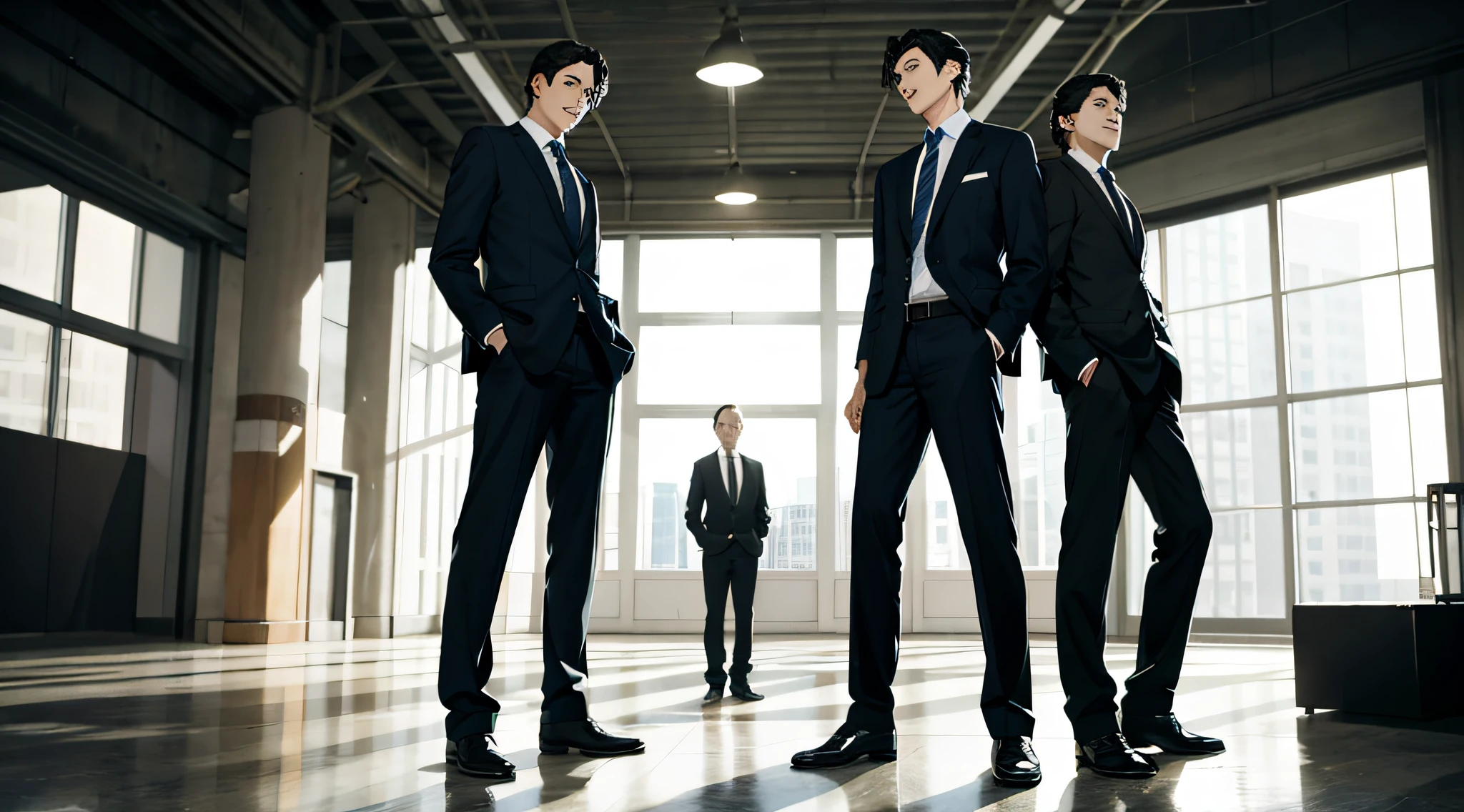 three brothers，standing on your feet，Business suit