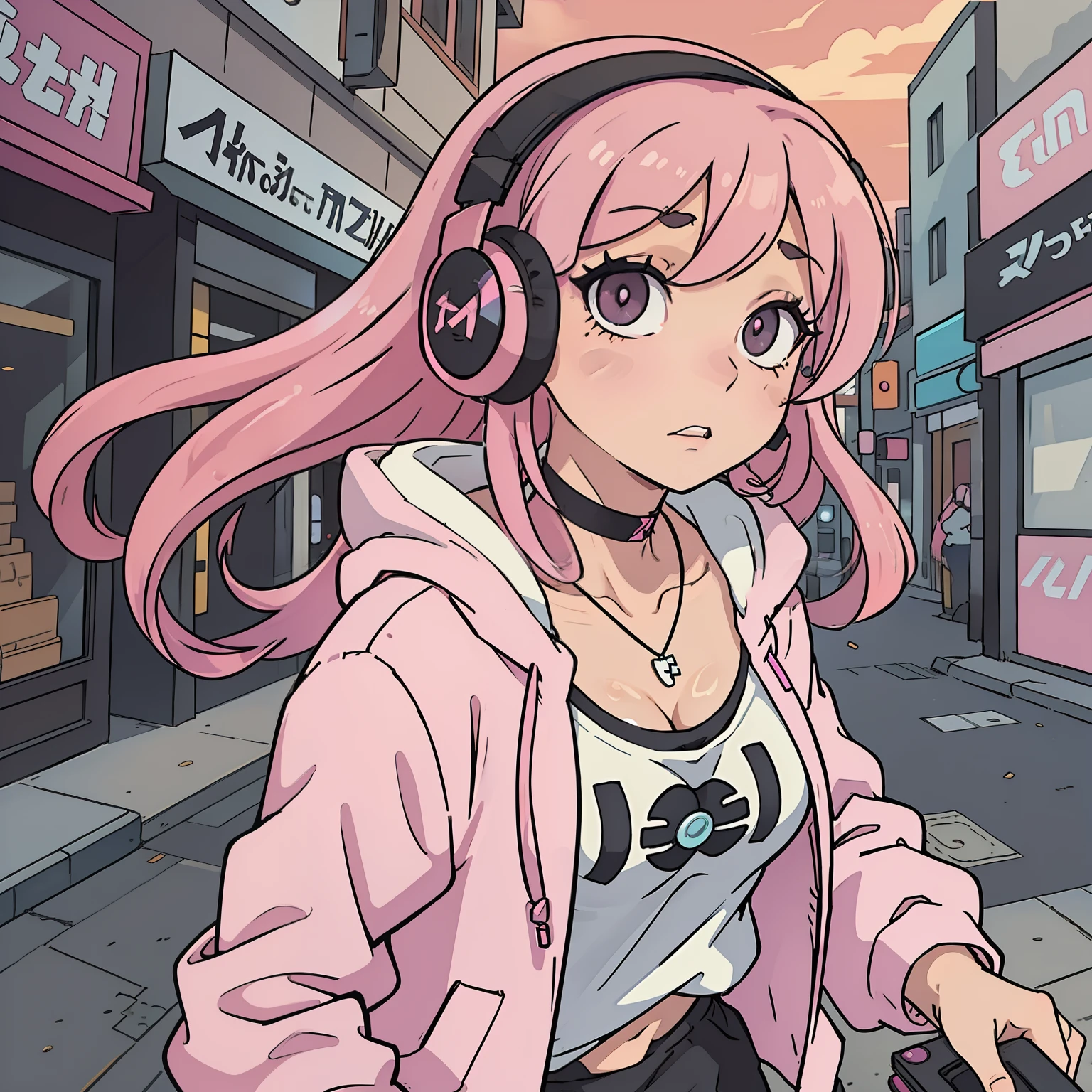 (best-quality:0.8), (best-quality:0.8), perfect anime illustration, extreme closeup portrait of a pretty woman walking through the city, pink hair, thinking facial expression, hoodie, stylish fashion, decent tribal make up, open jacket, small cleavage, headphones, cute necklace hanging into cleavage, black choker, girl getting asked something by pov